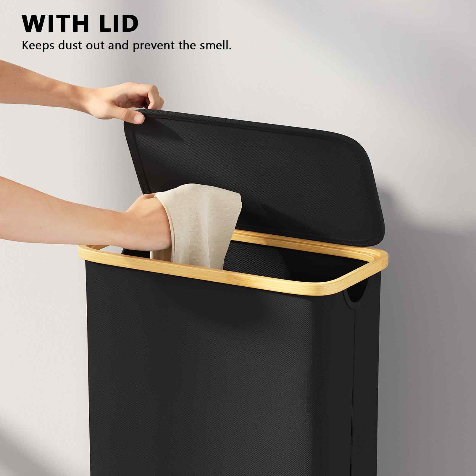 Spaceaid Slim Laundry Hamper With Lid And Wheels, 62L Narrow Clothes Basket Bin With Bamboo Handles, Skinny Tall Collapsible Ham