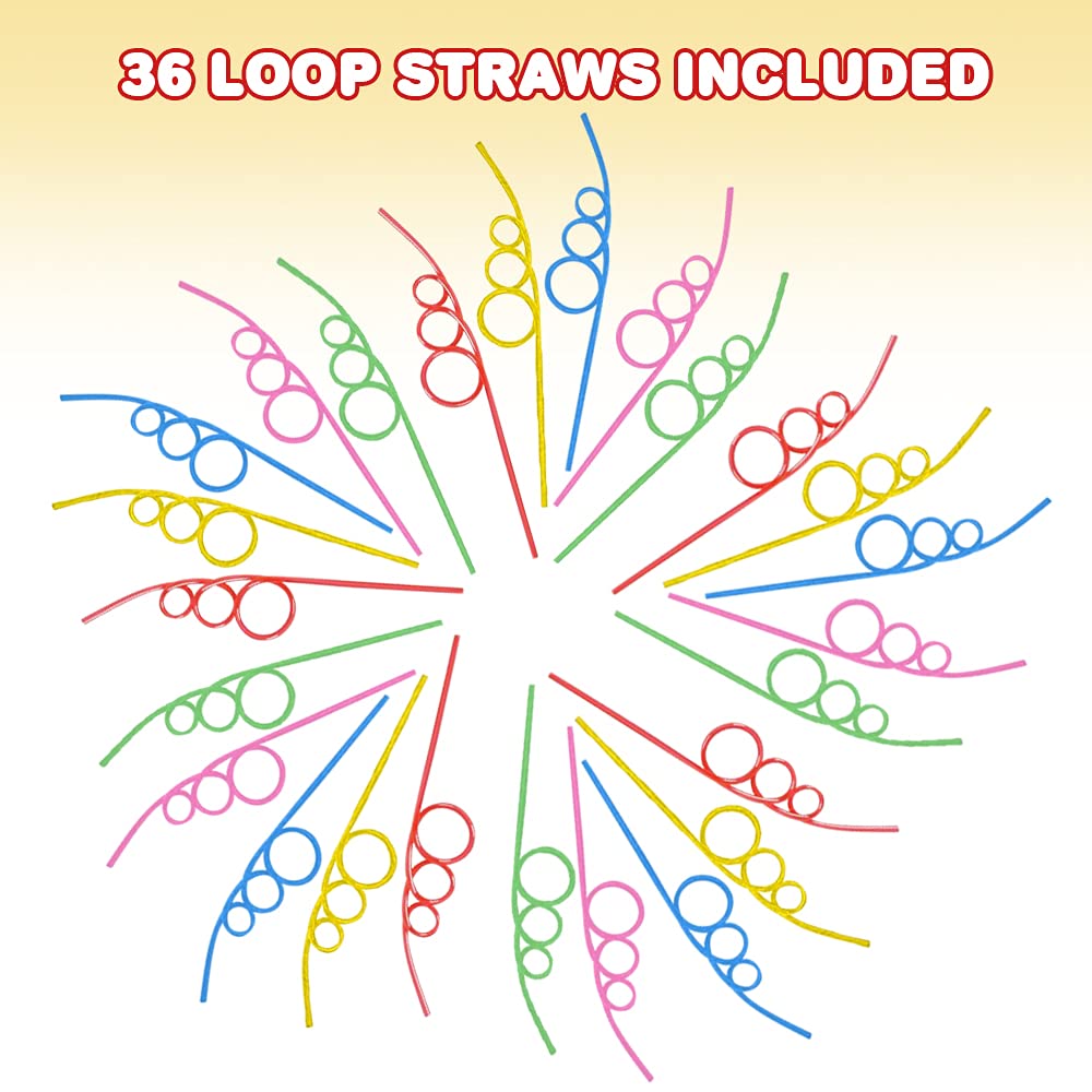Artcreativity Loop Plastic Drinking Straws For Kids, Set Of 36, Loopy Party Straws In Assorted Colors, Party Favors For Kids, Fu