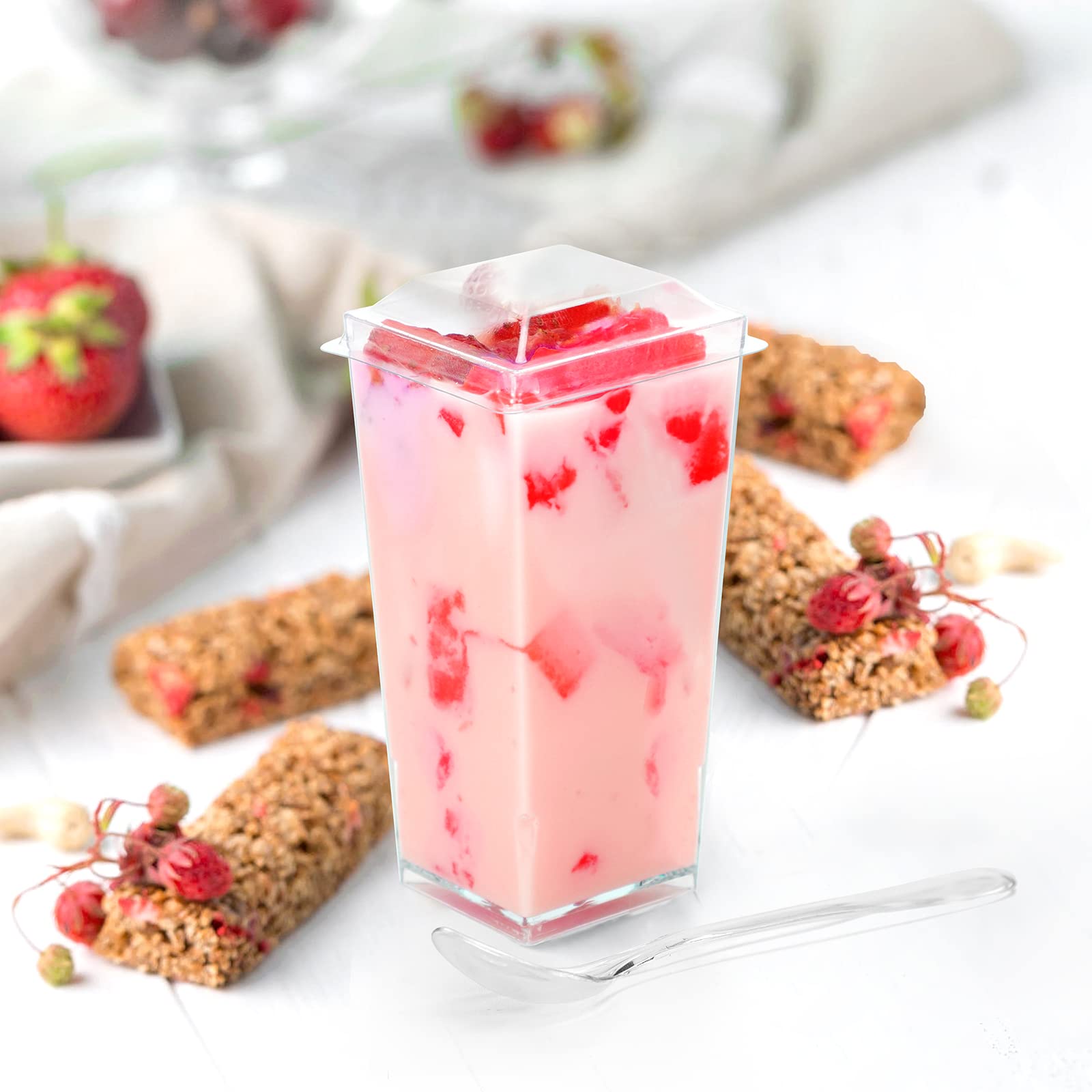 Easercy 50 Pack 3 Oz Square Mini Dessert Cups With Lids And Spoons Clear Dessert Shooter Cups With Spoons Parfait Cups With Lids