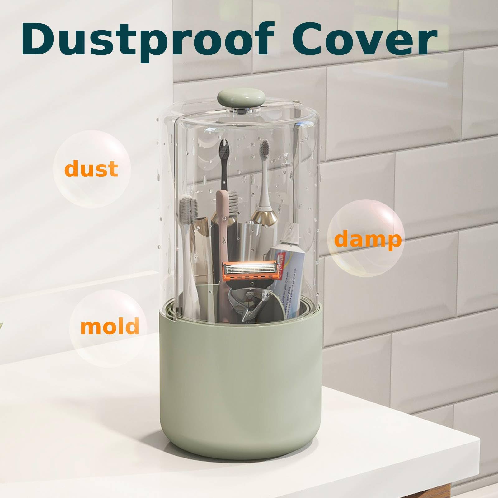 YOOLENS Toothbrush Holder with Cover 360 Rotating 4 Compartments Bathroom Toothpaste Electric Toothbrush Organizer, Light Green