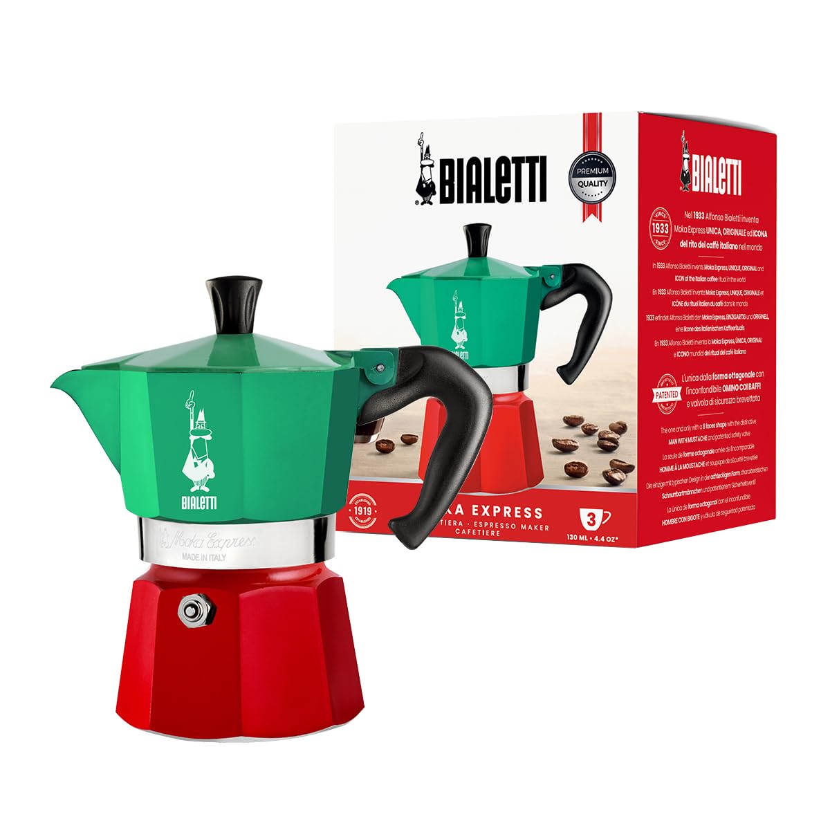 Bialetti - Moka Express Italia collection: Iconic Stovetop Espresso Maker  Makes Real Italian coffee  Moka Pot 3 cups (43 Oz - 130 Ml)  Aluminium  colored in Red green Silver