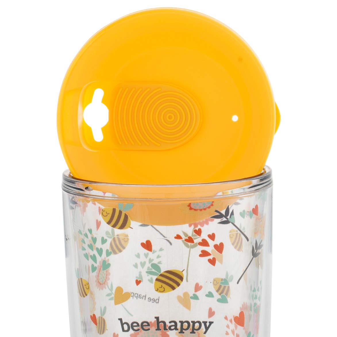 Signature Tumblers Bee Happy Bees And Flowers Wrap On Clear 16 Ounce Double-Walled Travel Tumbler Mug With Sunshine Yellow Easy