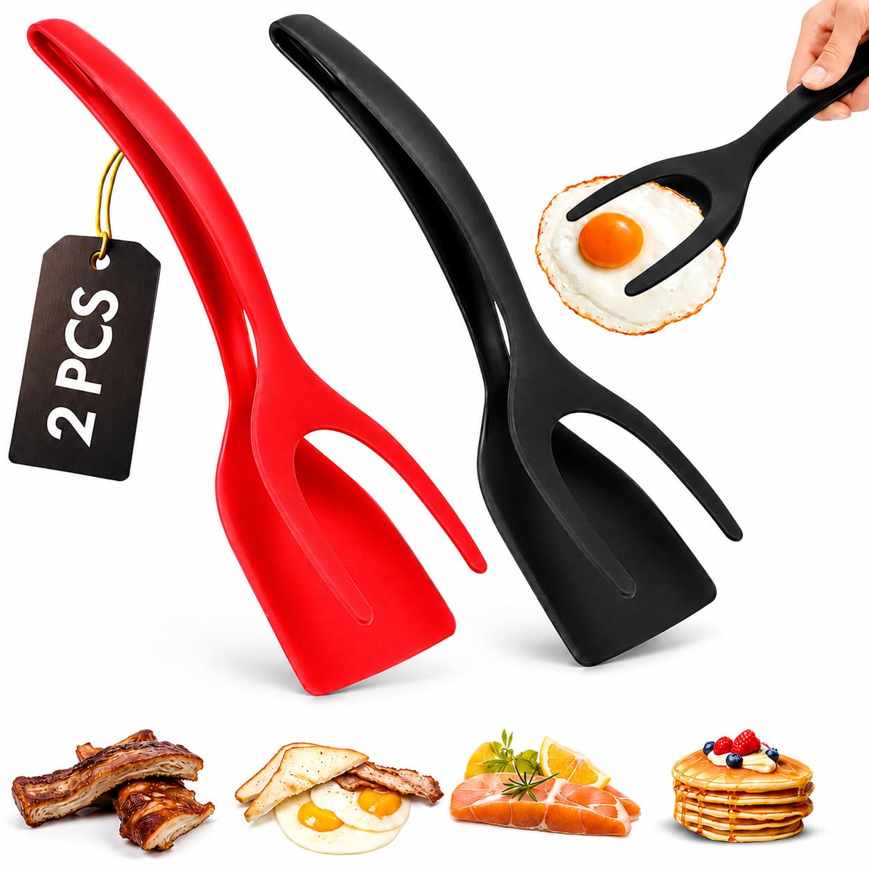 ZONZEST 2in1 Spatula Tongs Set of 2, Egg Spatula Flipper for Cooking, EasyGrip Nylon Flipping Spatula for Pancakes, Burgers, 