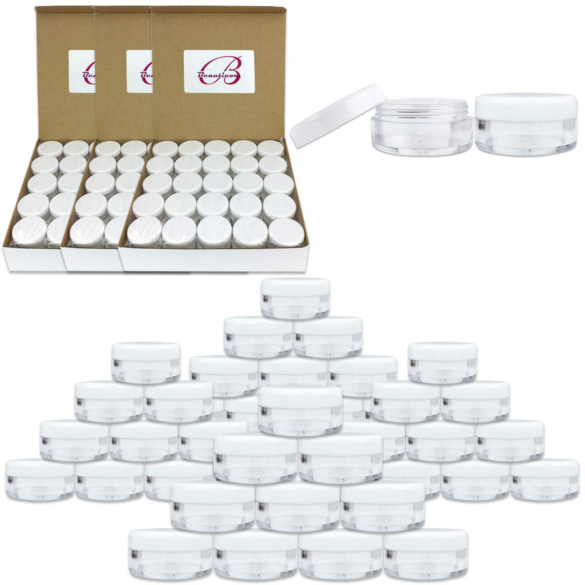 Beauticom (Quantity: 200 Pieces) 5G/5Ml Round Clear Jars With White Lids For Lotion, Creams, Toners, Lip Balms, Makeup Samples