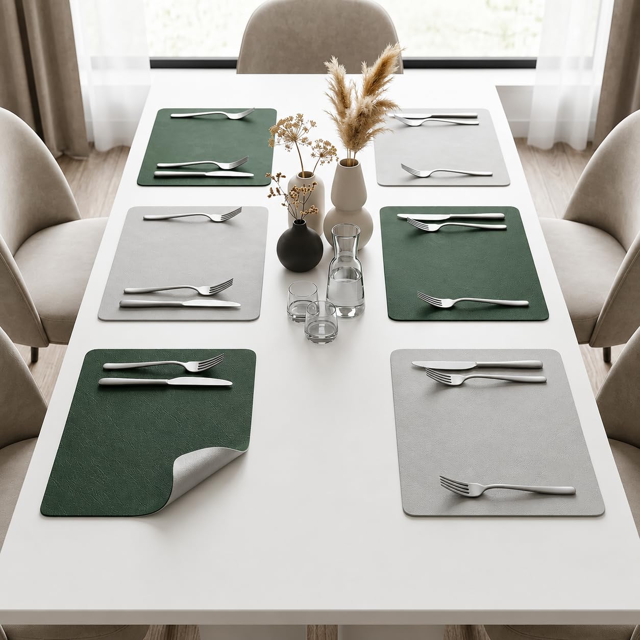 Kaileaf Faux Leather Reversible Placemats Set Of 6  Dark Green & Grey | Doublesided Dining Table Mats, Water & Stain Resistant