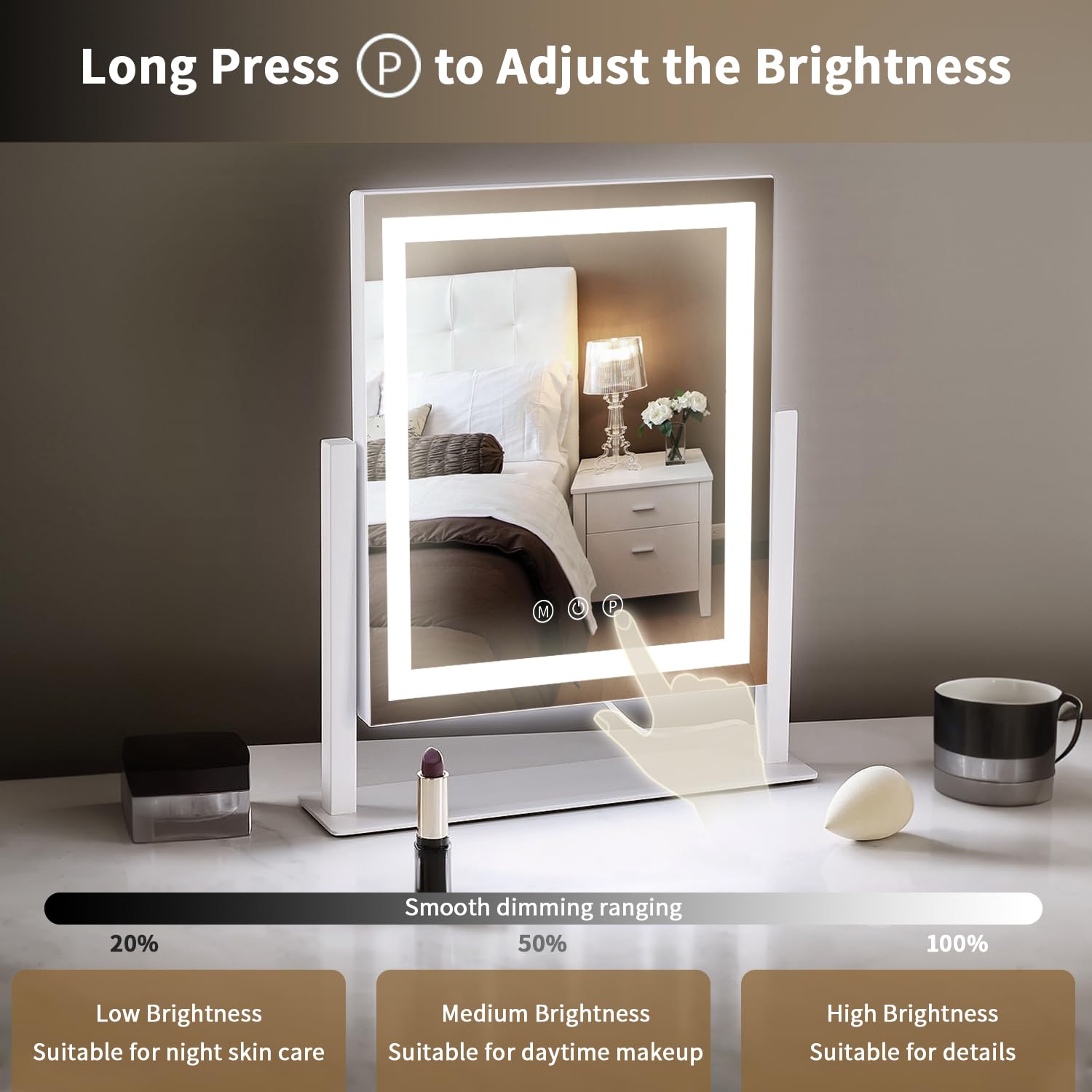 LED Vanity Mirror with Lights, Makeup Mirror with 3 Color Modes, Smart Touch Control, 360 Rotation for Desk,13.2  L x 11.2  W