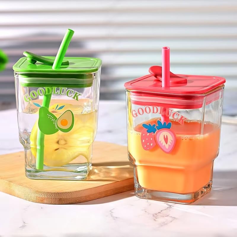 MYNA LIFE Good Luck Square Glass Cup with Lid and Straw, Cute Printed Fruit Design Juice Milkshake Smoothie Mug for Home, Office