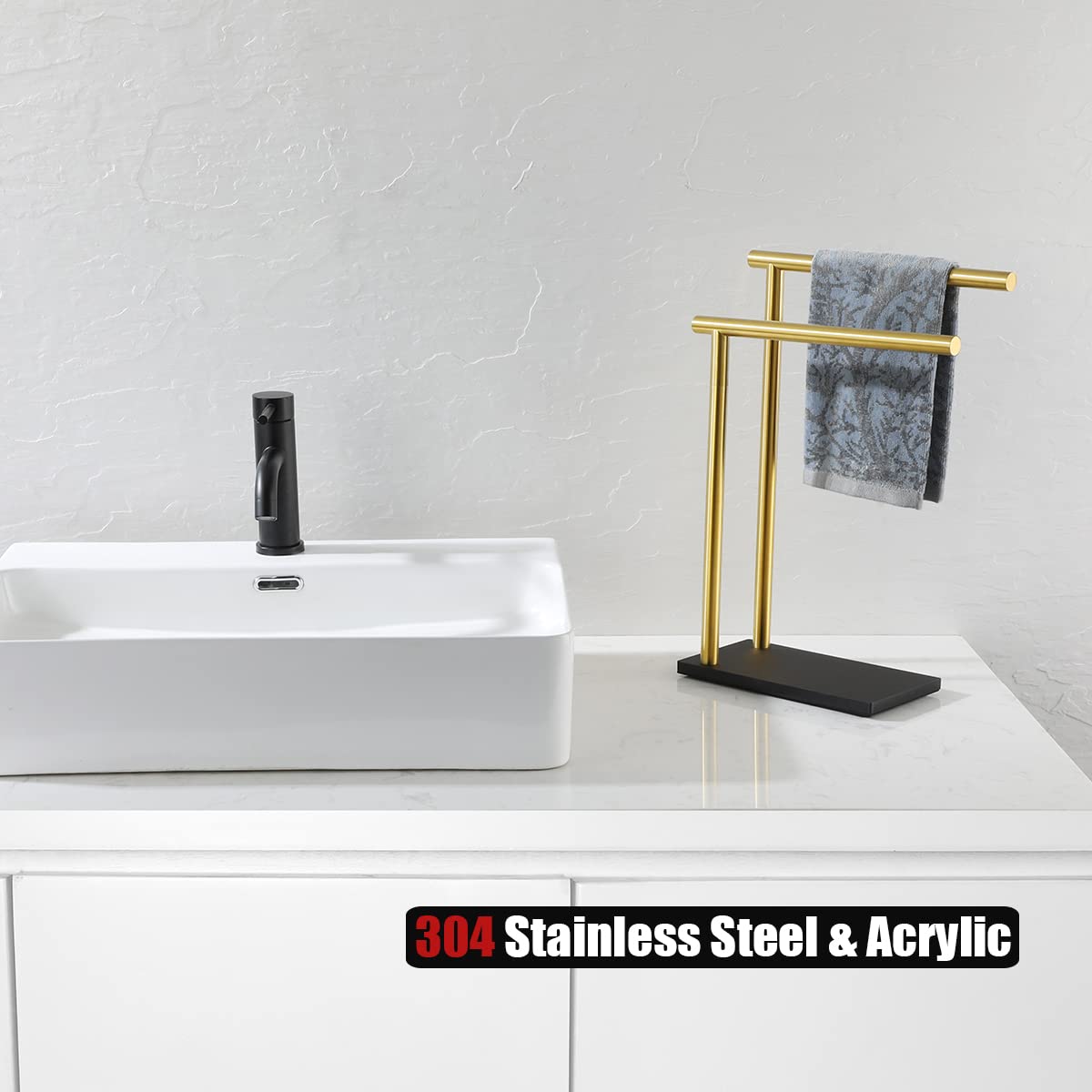 Jqk Hand Towel Holder Stand Brushed Gold, Modern Tree Rack Free Standing For Countertop With 12 Inch 2 Bars, 304 Stainless Steel