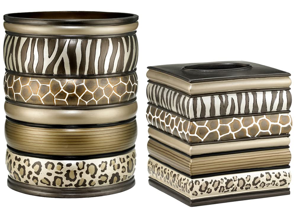 Zahari Home 2Pc Safari Stripes Modern Bath Accessories Set Waste Basket & Tissue Box Modern Classic Contemporary Decorative Beau