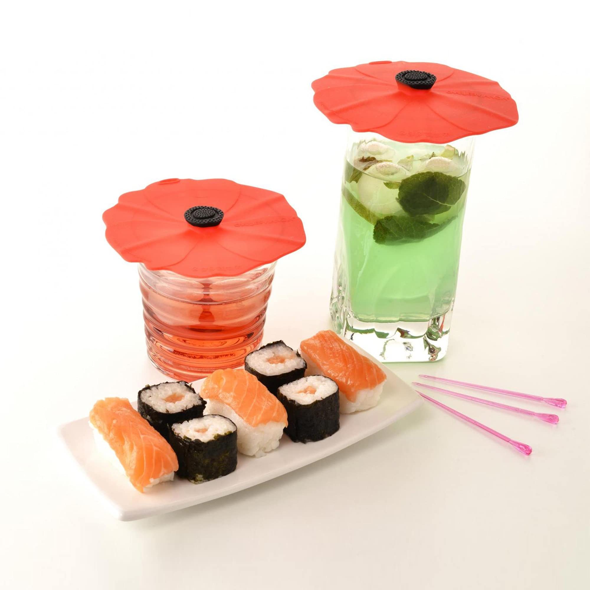 Charles Viancin - Set Of 2 Poppy 4    Silicone Drink Covers - Airtight Seal On Any Smooth-Rimmed Glass, Keep Drinks Cool Or Hot,