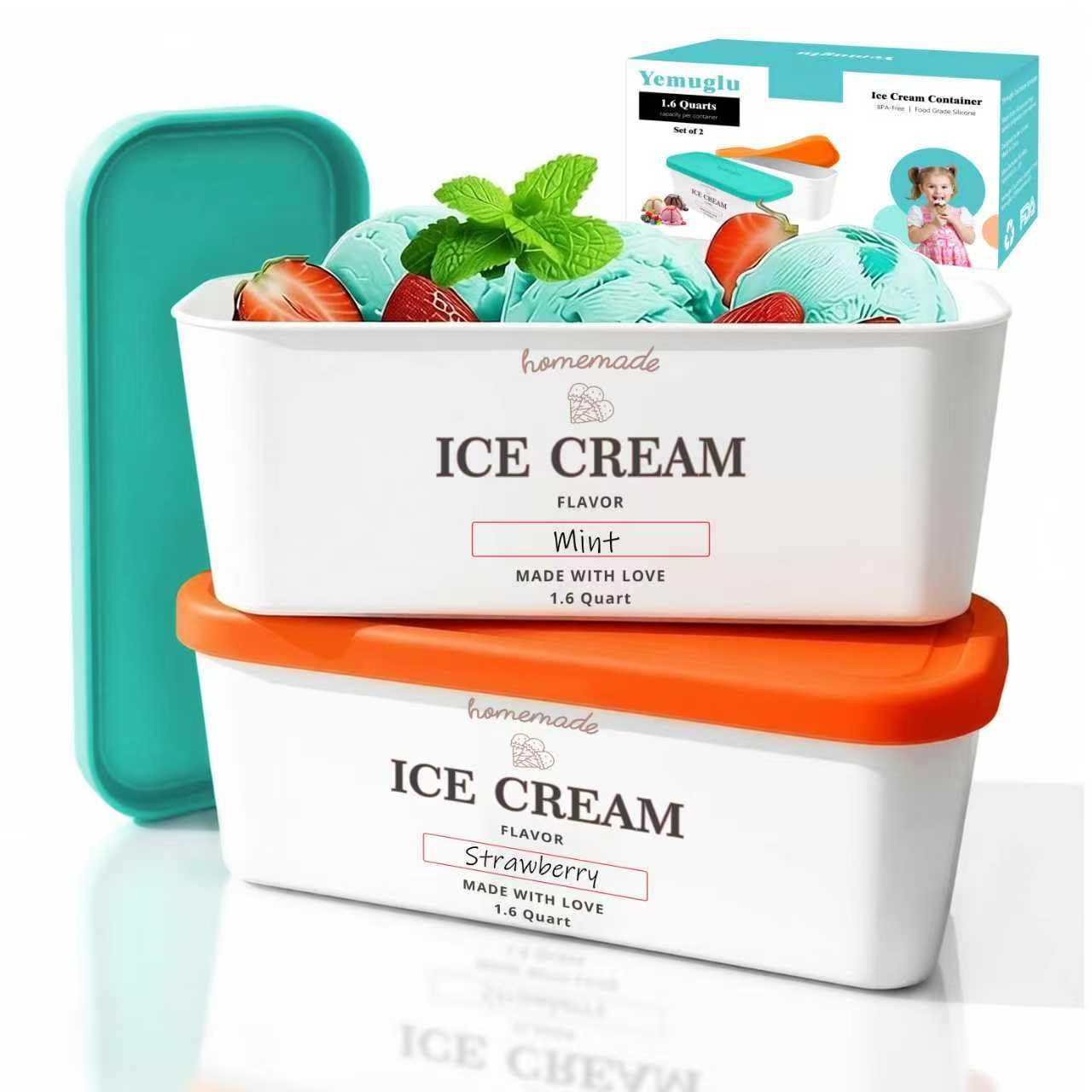 Yemuglu Reusable Ice Cream Containers with Airtight Silicone Lid 2 Pack