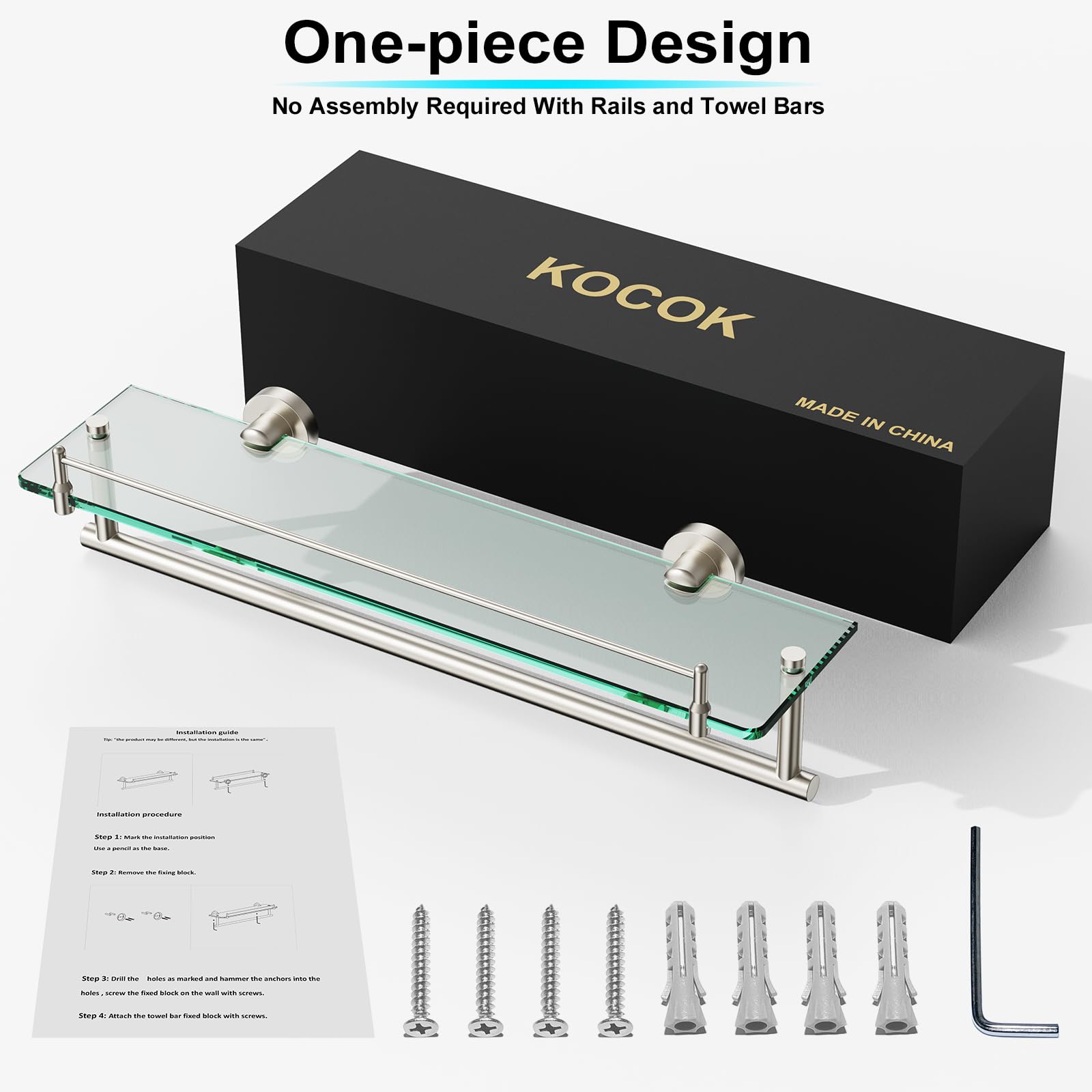 KOCOK 20 Inch Glass Bathroom Shelf with Towel Bar, Brushed Nickel Stainless Steel Wall Mount, Model ML162024