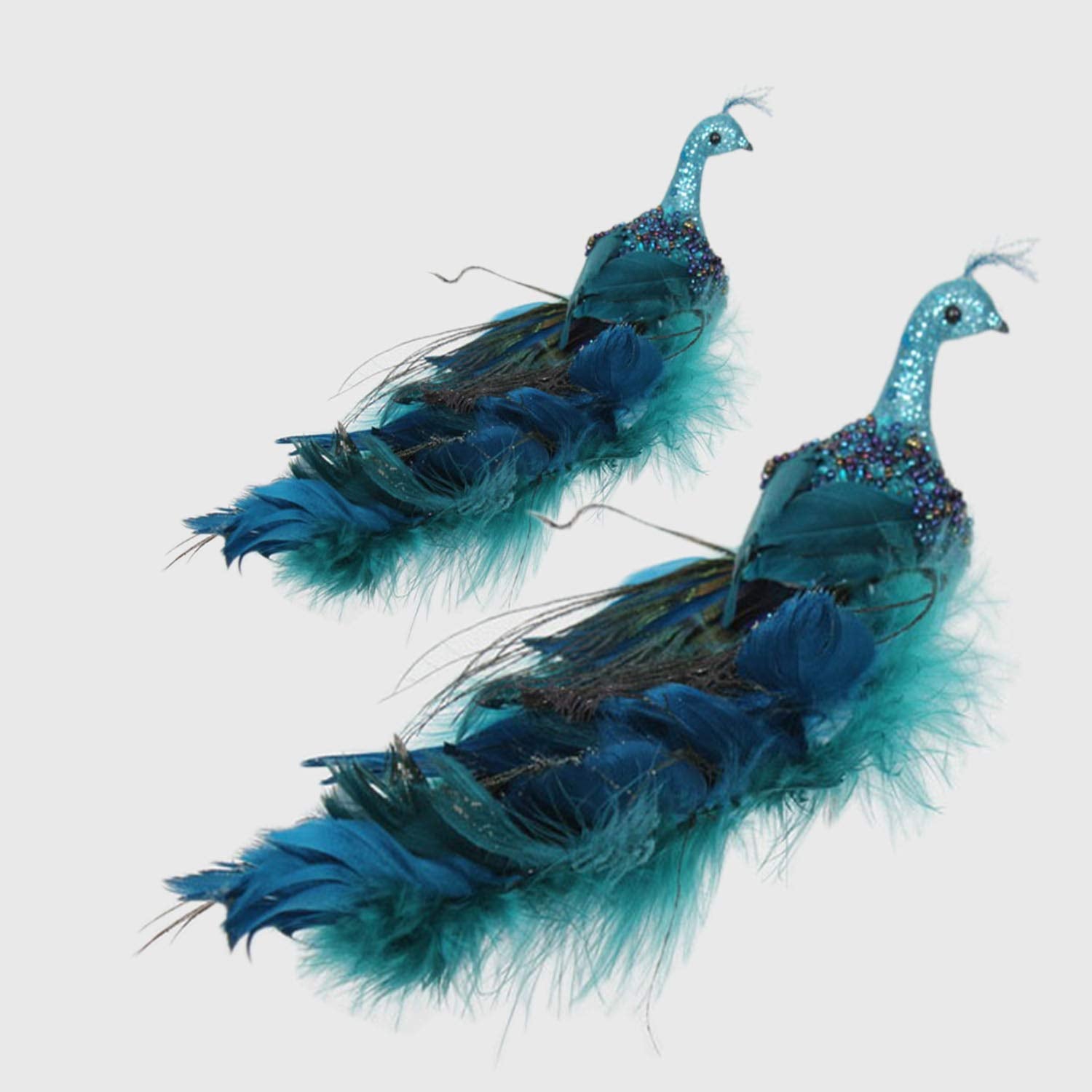 12 Peacock Christmas Ornaments Glitter Right Facing Teal Blue Peacock Bird with Feather Tail Clip-On Christmas Tree Ornament, 12