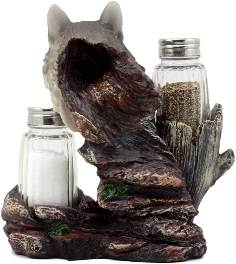 Dwk Gray Wolf Salt & Pepper Holder Figurine With Refillable Salt And Pepper Shakers | Rustic Wildlife Wolf Decor | Animal Decor
