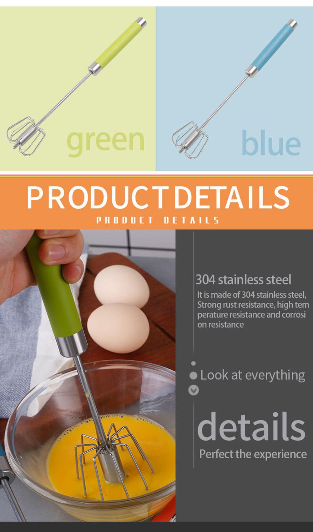 Stainless Steel Semi-Automatic Egg Whisk - 3Pcs Hand Push Rotary Whisk Blender (3 Pack)