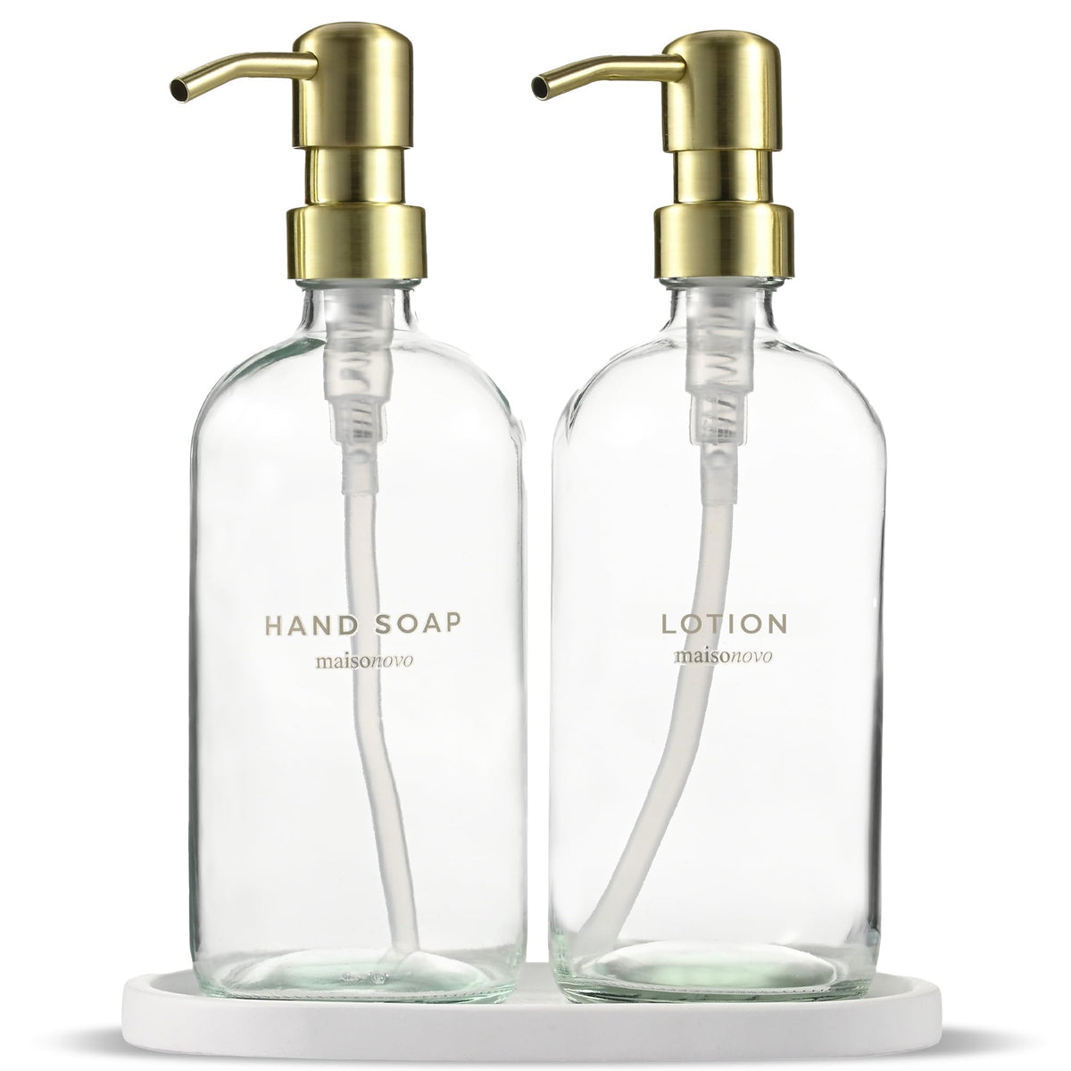 Maisonovo Hand Soap And Lotion Dispenser Set - 16.9 Fl Oz Clear Soap Dispenser Glass With Gold Pump Set Of 2 And Oval Concrete T