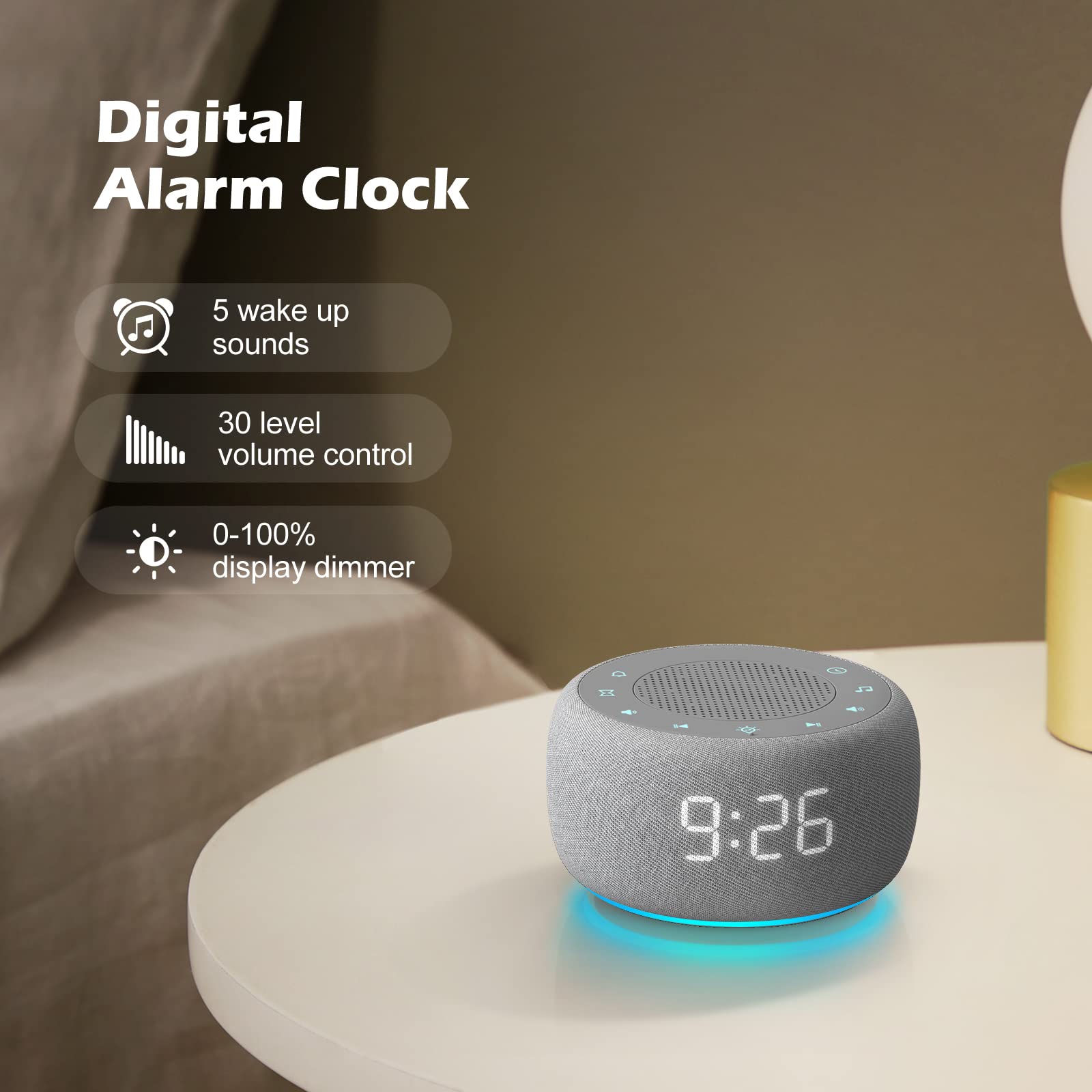 BUFFBEE Sound Machine & Alarm Clock, 18 Soothing Sounds, 7 Night Lights, 30-Level Volume Control, Grey, Model BK11