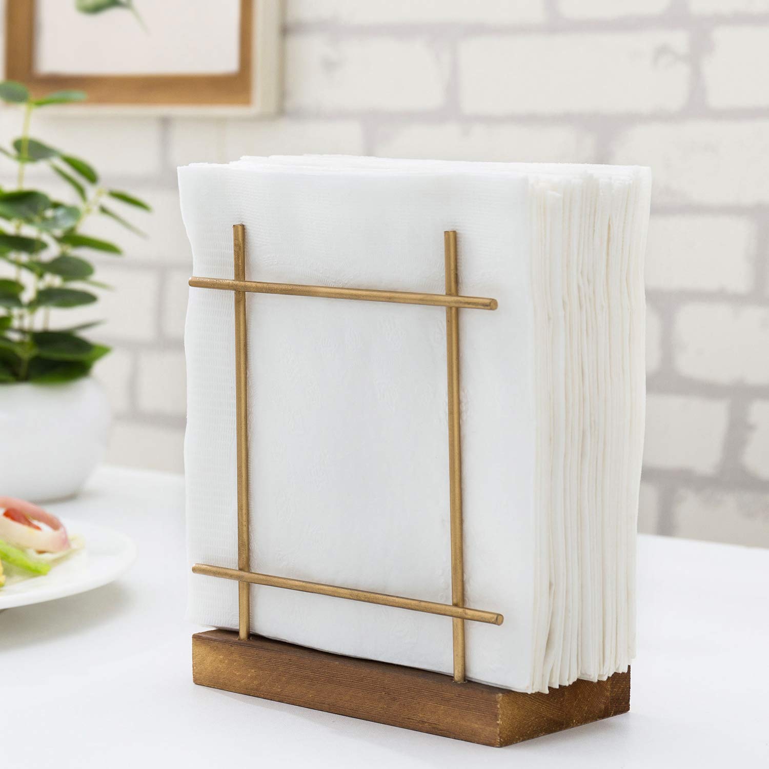 Mygift Contemporary Brass-Tone Wire Metal Upright Napkin Holder With Rustic Burnt Brown Wood Base, Decorative Kitchen Table Dini
