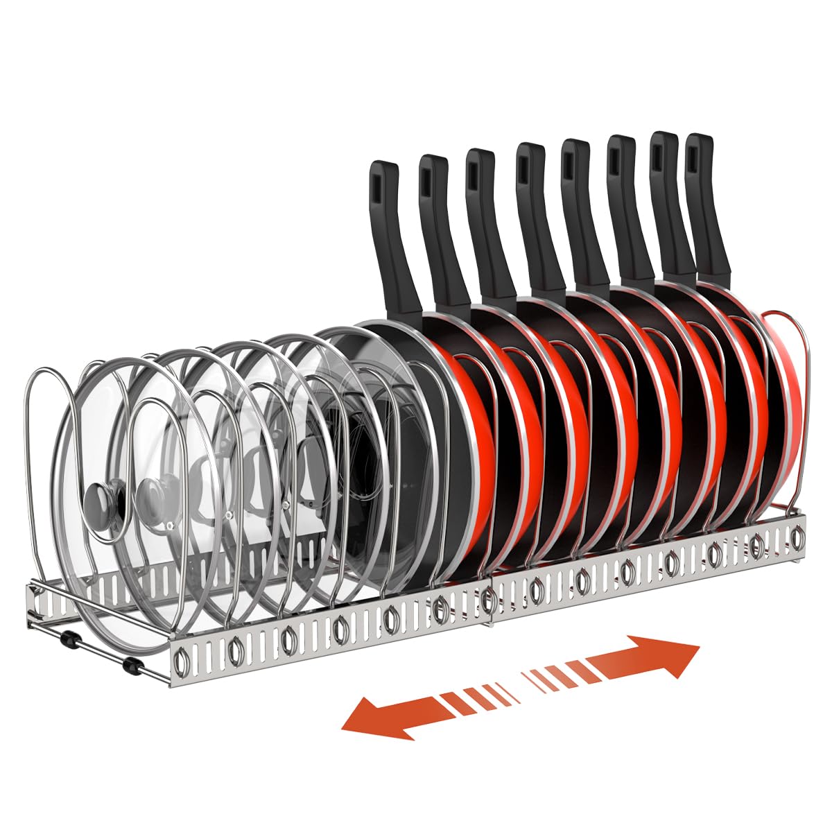 Housolution Pot and Pan Organizer Rack for Cabinet, Stainless Steel Expandable Pot Lid Organizer with 14 Adjustable Dividers, Po