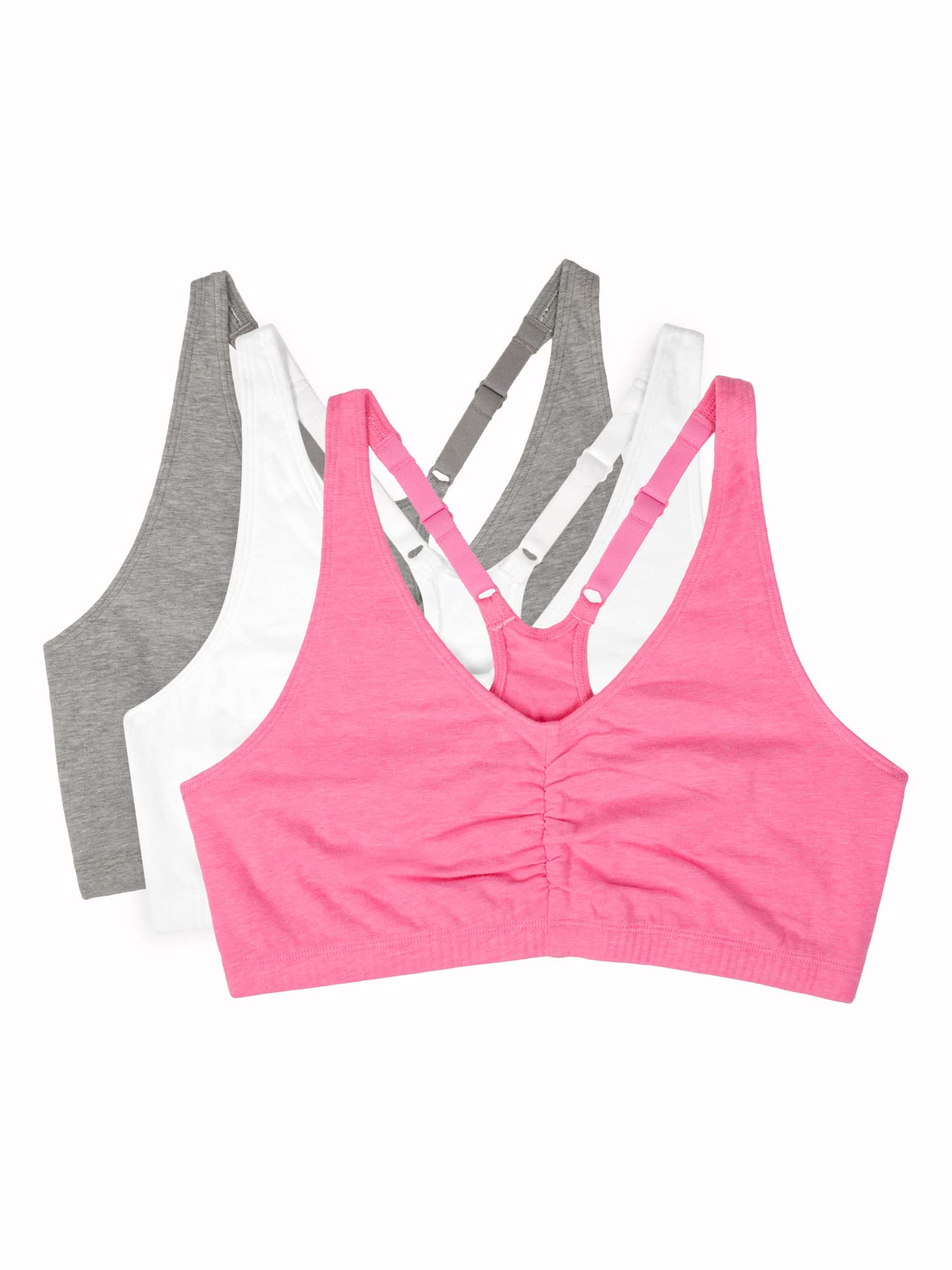 Fruit Of The Loom Womens Adjustable Shirred Front Racerback Sports Bra, Neon Pink Heatherwhitegrey - 3-Pack, 44 Us
