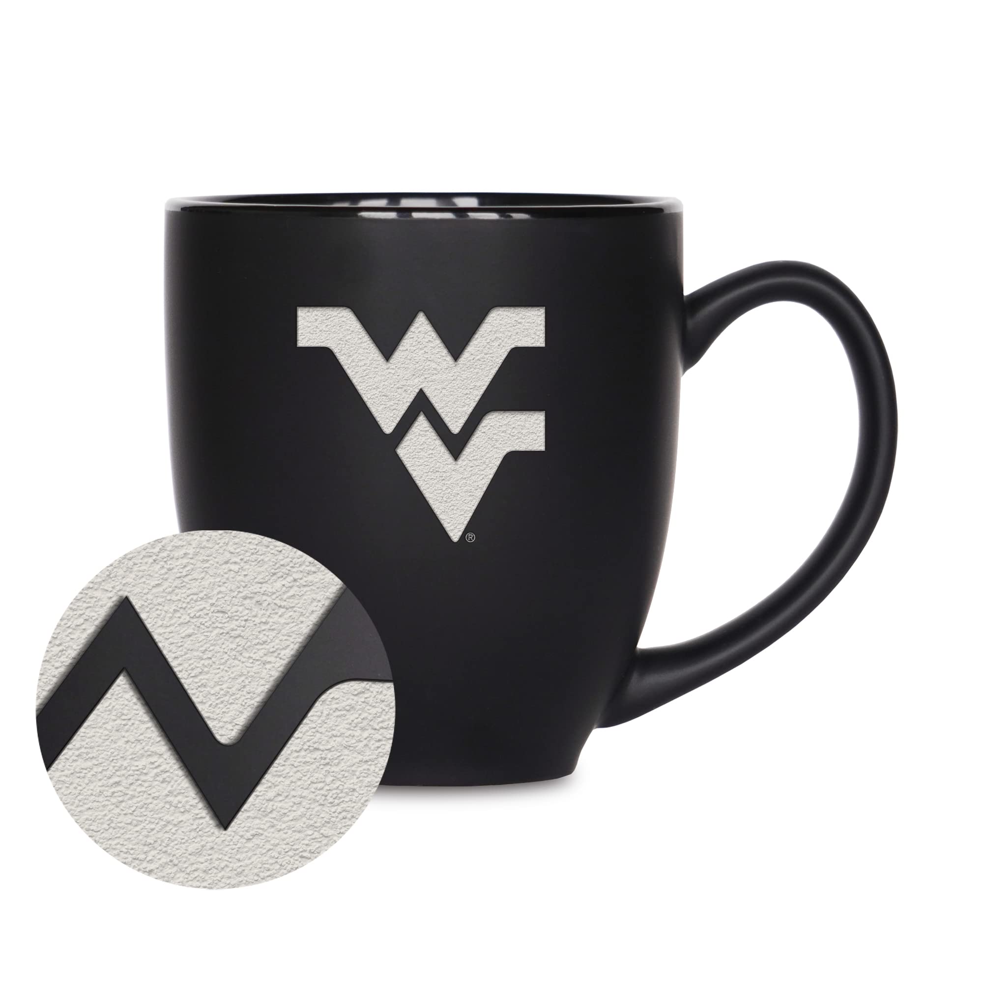 Rico Industries NCAA West Virginia Mountaineers Main 15oz Laser Engraved Matte Black Ceramic Bistro Mug - For Hot or Cold Drinks