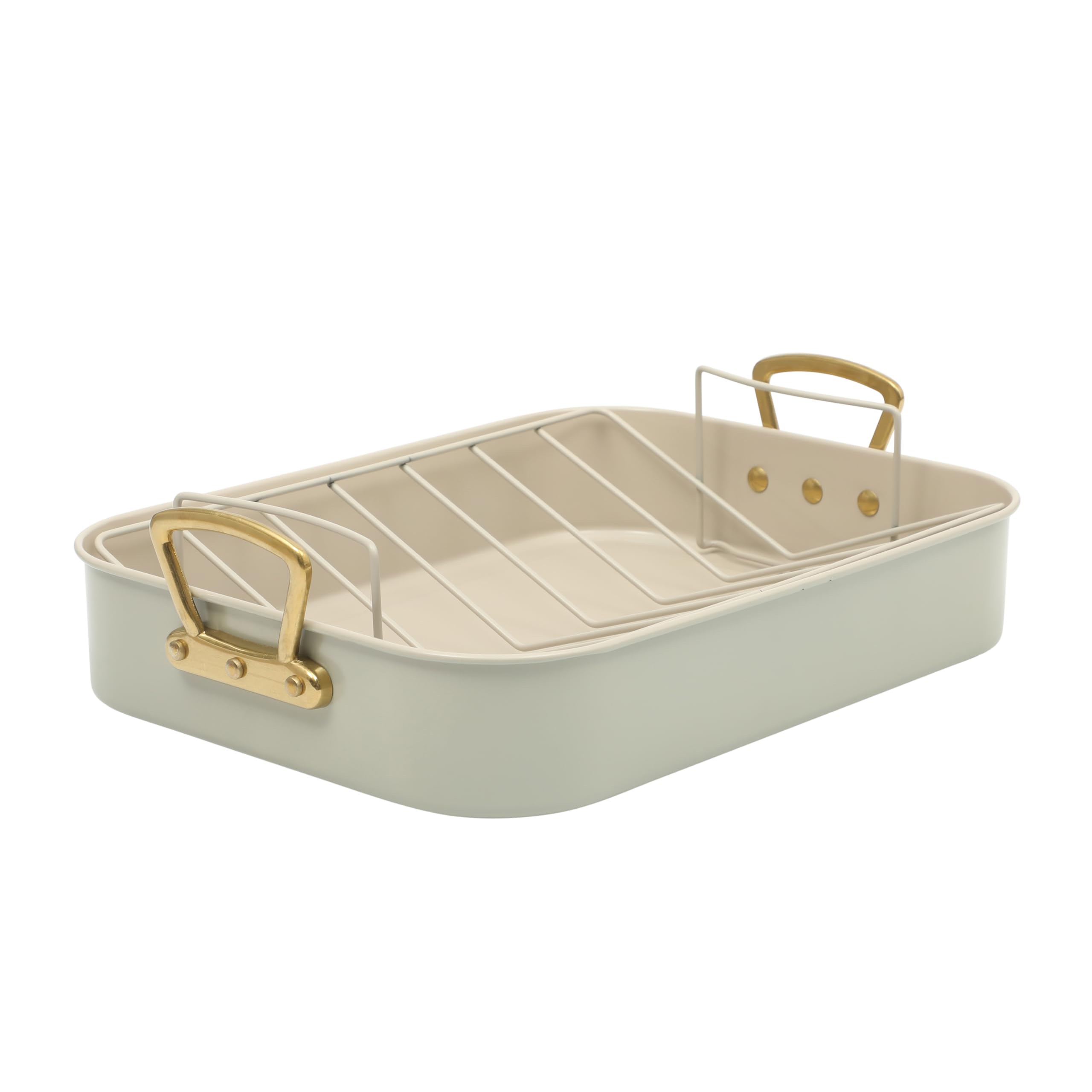 Gibson Home Broxton 2-Piece Nonstick Roaster Pan with Rack - 16 x 12 Inch Mint Green Turkey Roasting Pan with Cast Aluminum Gold