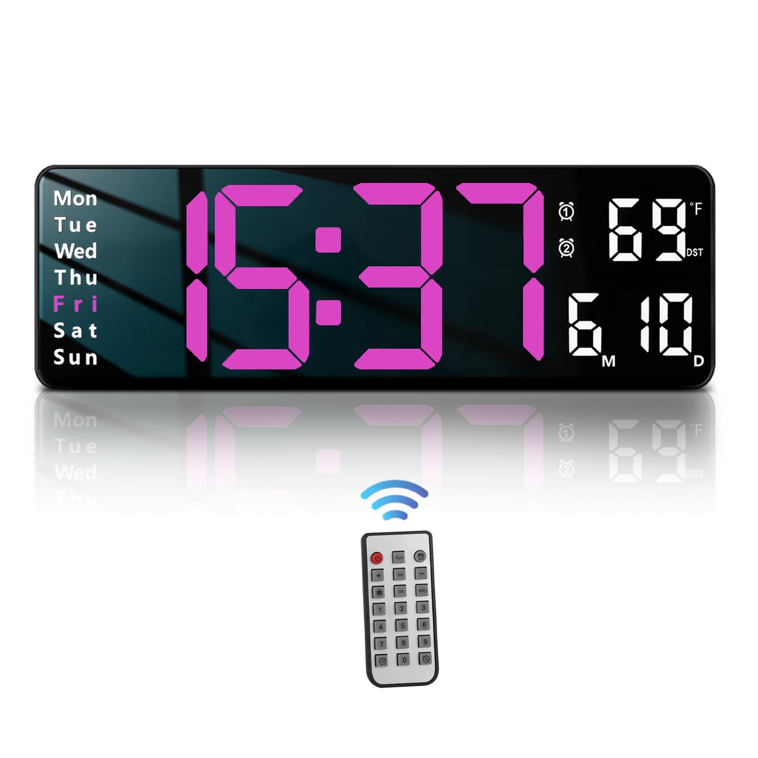 Jofomp Digital Wall Clock - 13 Large Led Display, Loud Alarm, Remote Control, Dst, Auto-Dimming, Date And Day, Timer, Temperatur