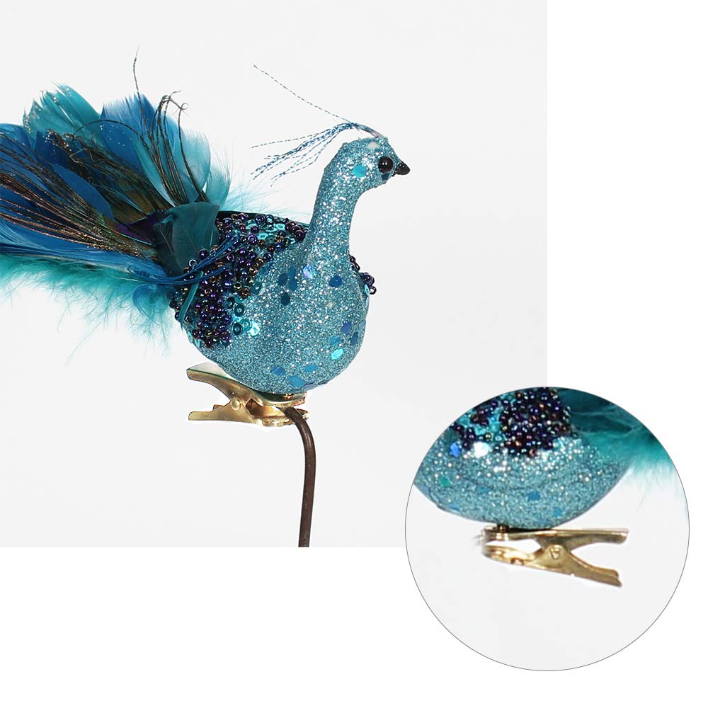 12 Peacock Christmas Ornaments Glitter Right Facing Teal Blue Peacock Bird with Feather Tail Clip-On Christmas Tree Ornament, 12