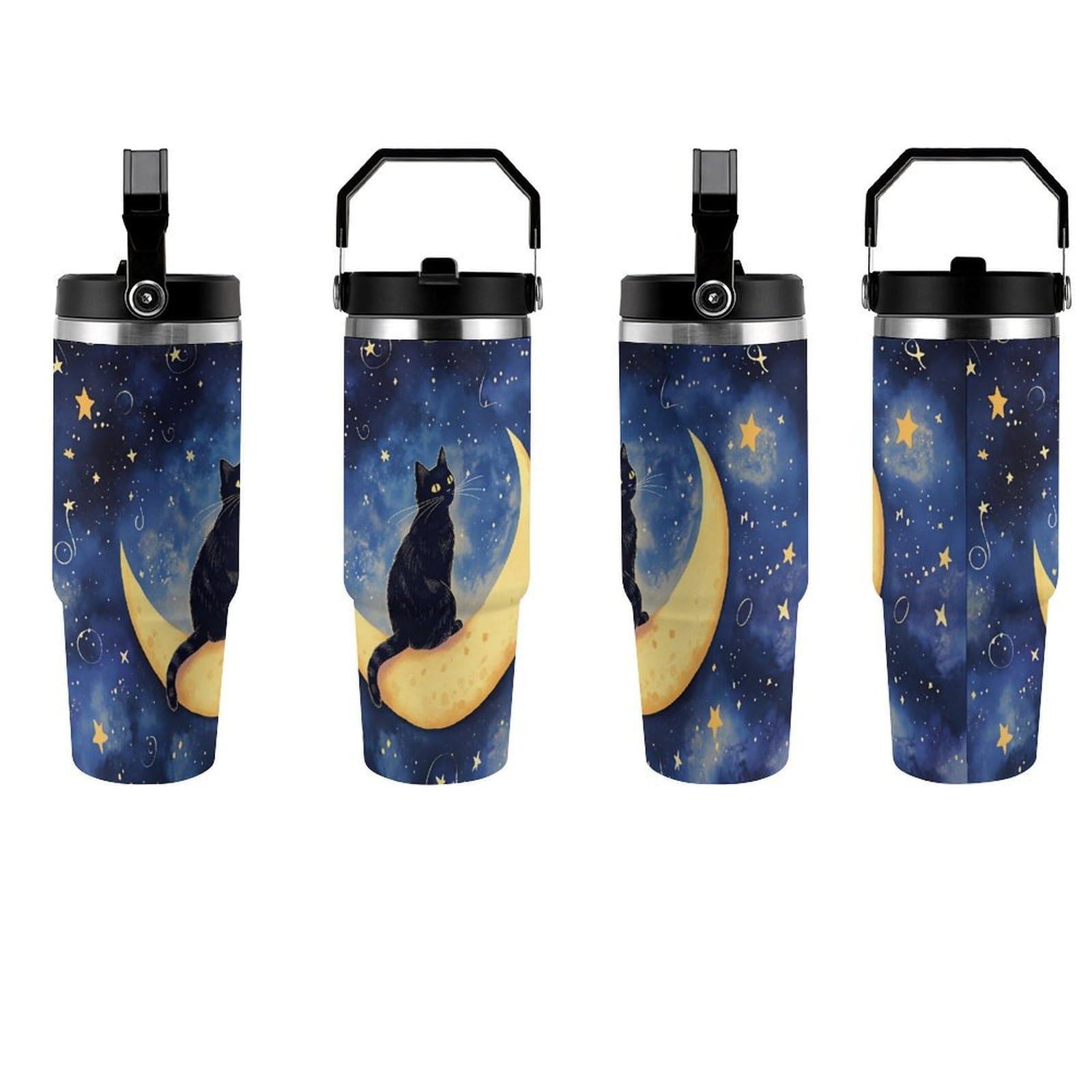 Nhdotdfs Whimsical Black Cat on Crescent Moon 30oz Insulated Tumbler with Handle And Straw 304 Stainless Steel Travel Cup Double