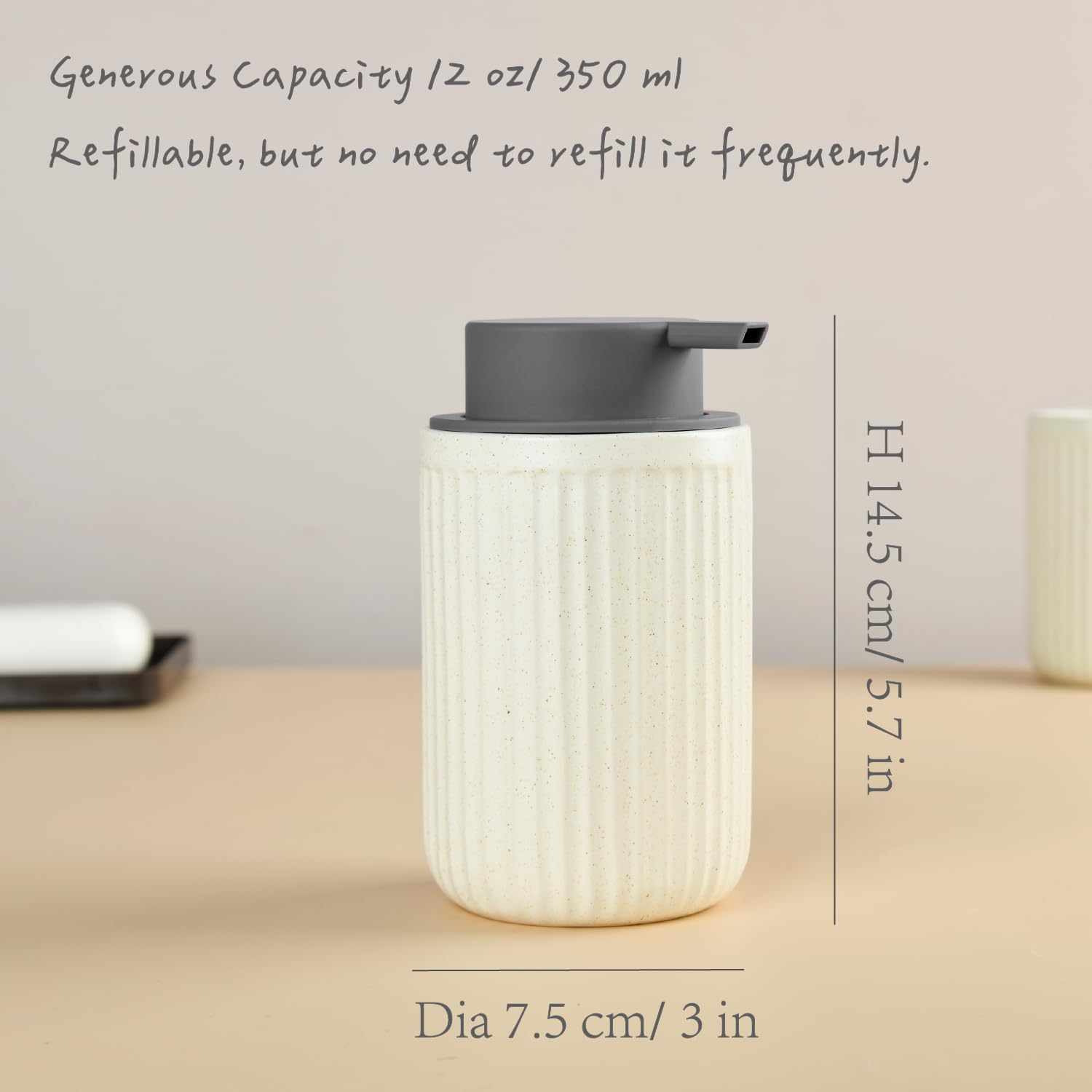 Abbi Nimo Beige Ceramic Foaming Soap Dispenser, Speckled Rippled 12 Oz Bottle With Gray Silicone Pump, Foam Dispenser For Kitche