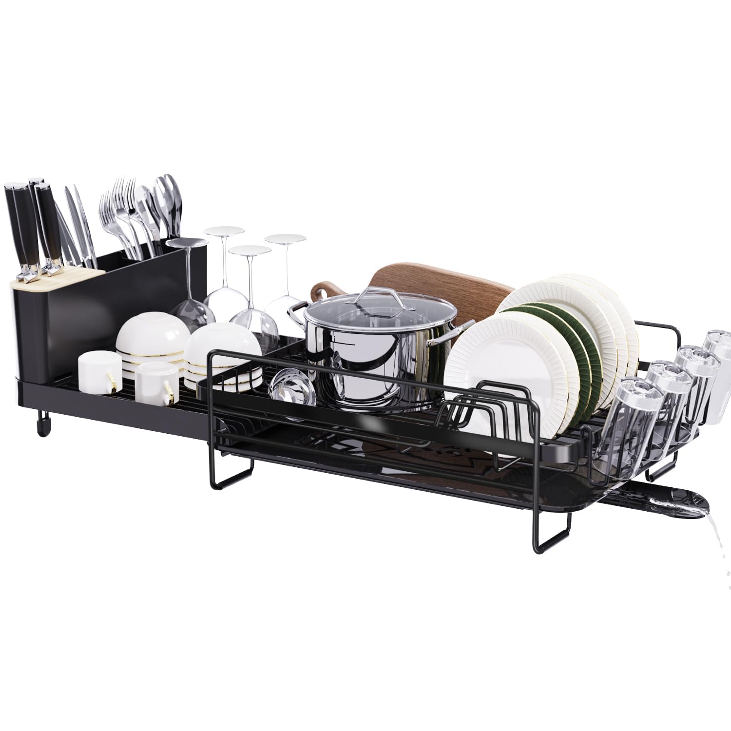 Runnatal Large Dish Drying Rack With Drainboard Set, Extendable Dish Rack, Utensil Holder, Cup Holder, Expandable Dish Drainer F