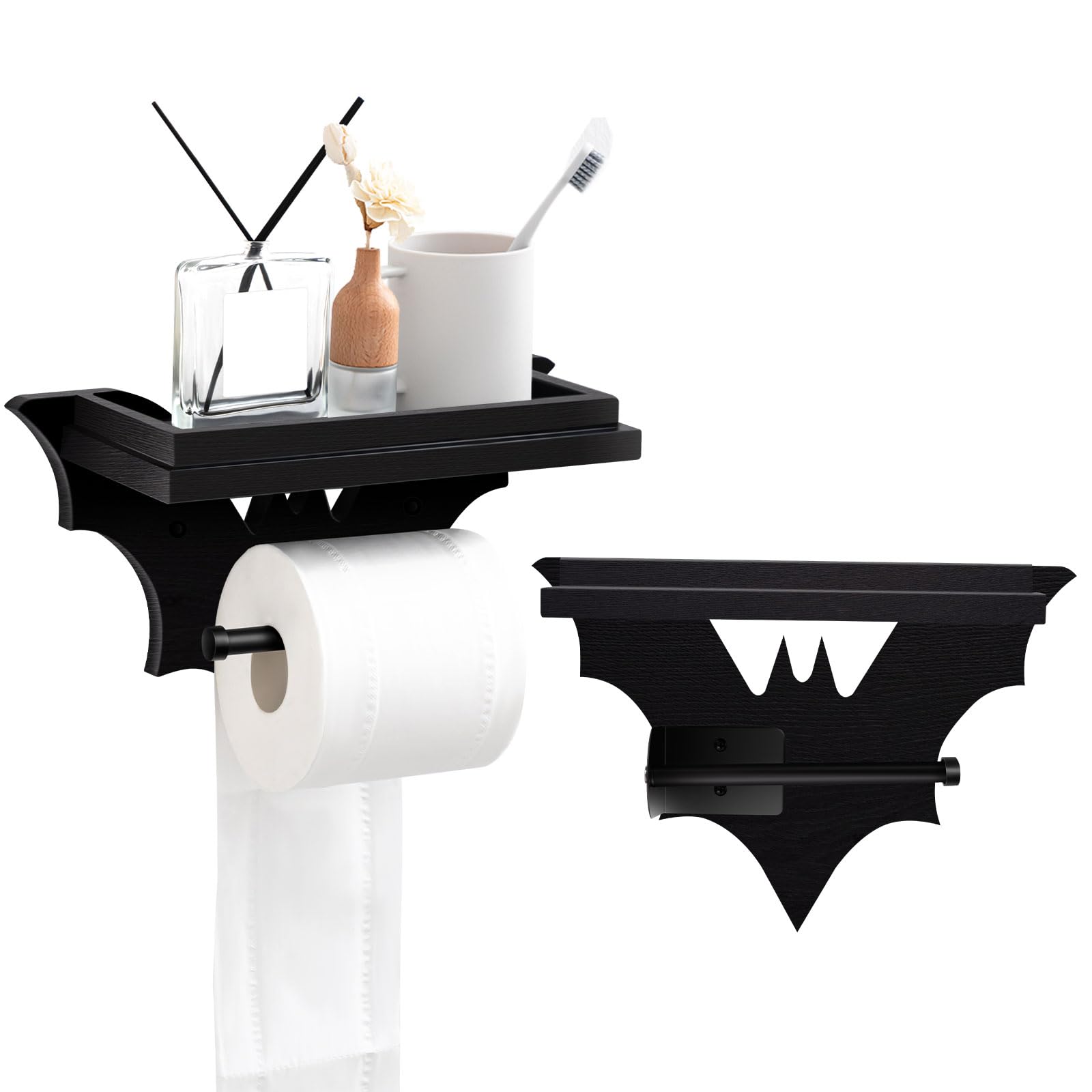 Chunful Bat Toilet Paper Holder With Shelf Gothic Wooden Black Paper Roll Holder Wall Mount Gothic Halloween Decor For Bathroom