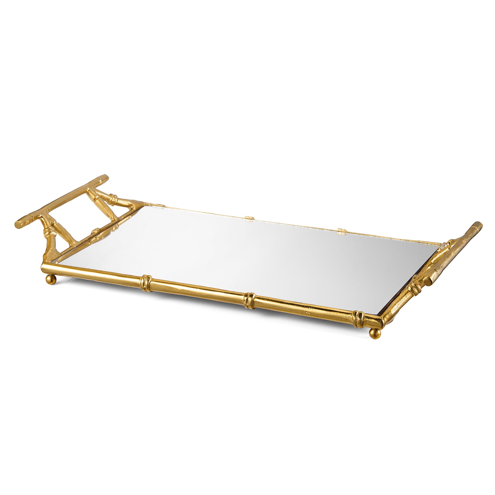 Gold Mirrored Decorative Tray, 20" Large Rectangular Aluminum Bamboo Frame