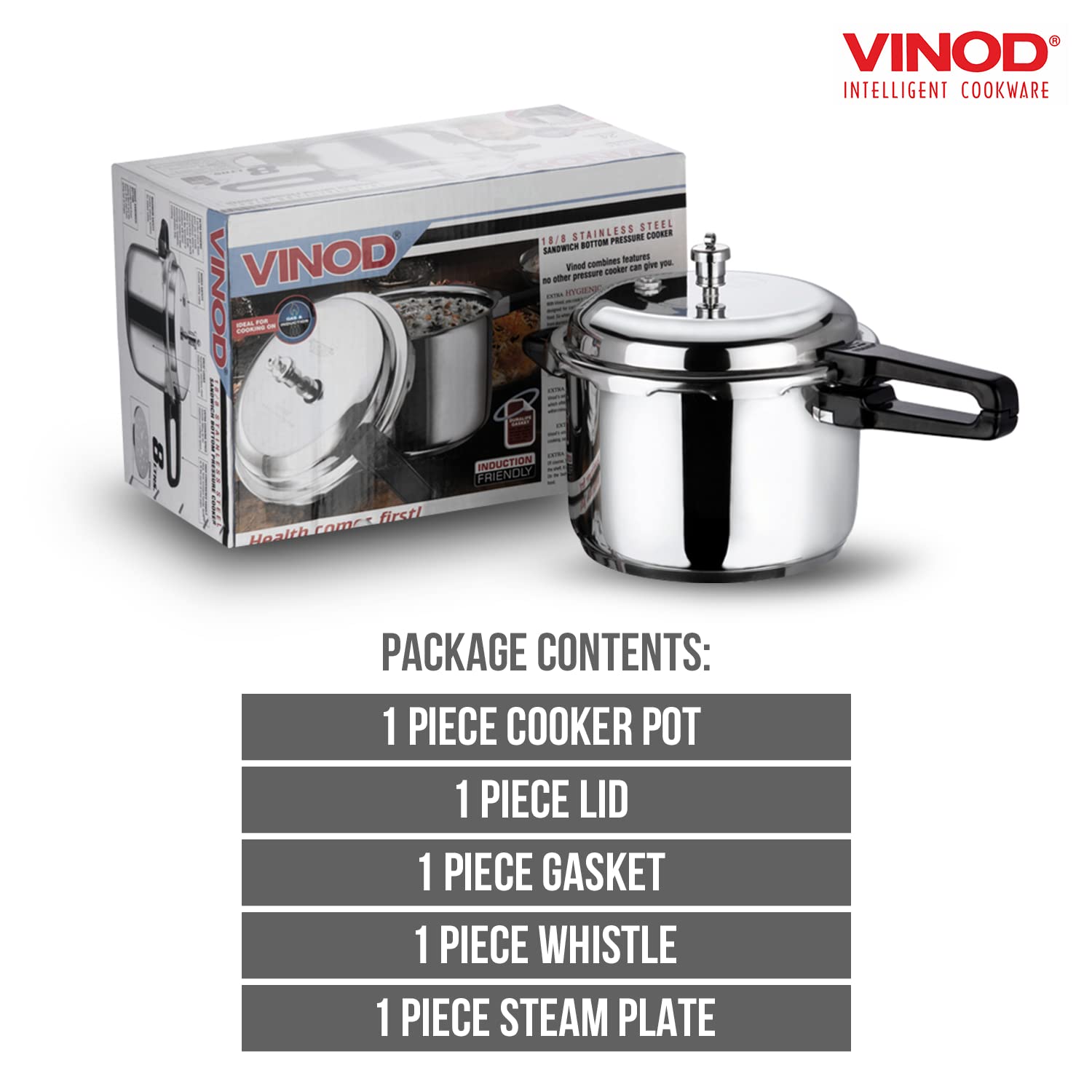 Vinod Pressure Cooker Stainless Steel - Outer Lid - 5 Liter - Induction Base Cooker - Indian Pressure Cooker - Sandwich Bottom -