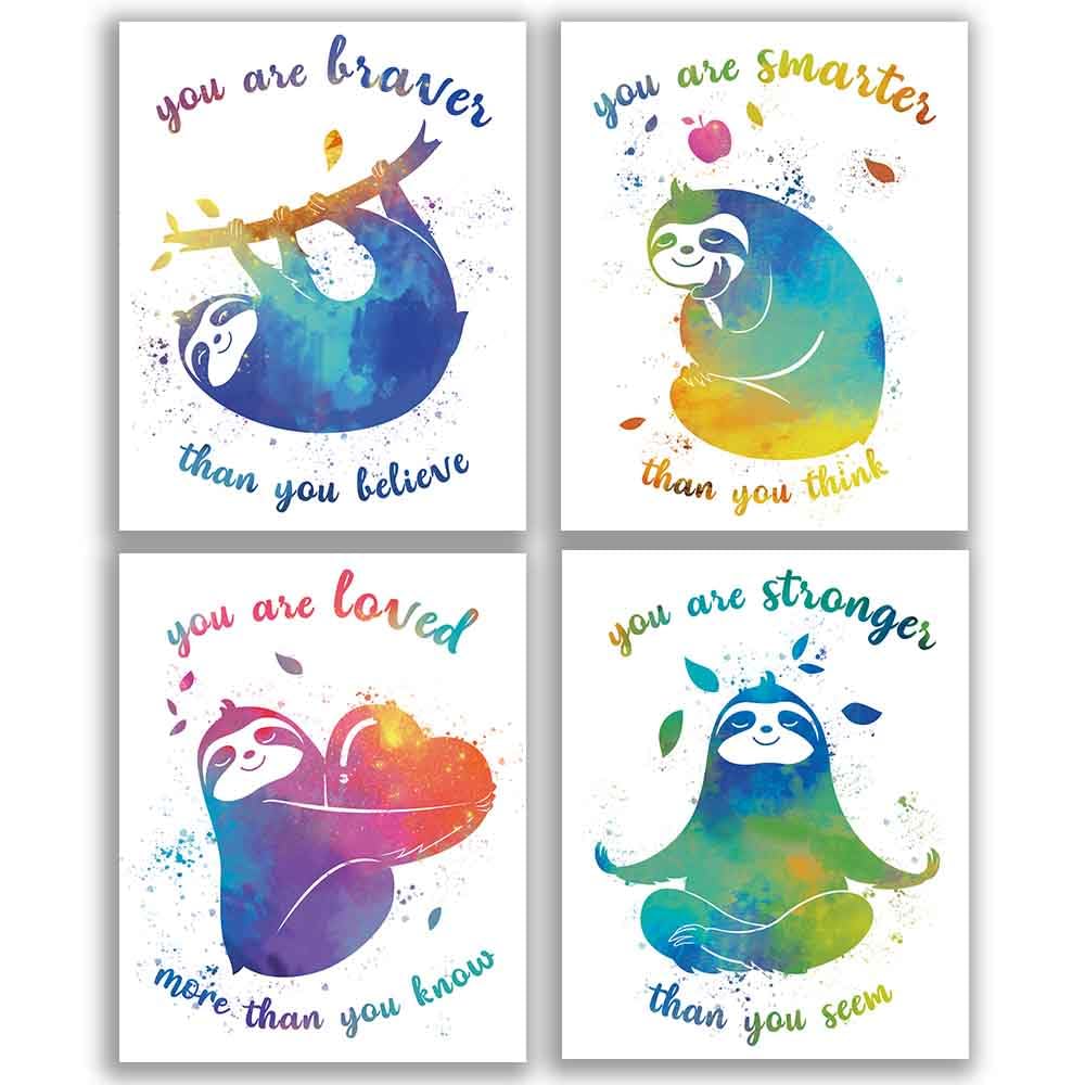 CHIEN-CHI LILI Colorful Sloth Inspirational Words Watercolor Art Print Set of 4 (8X10)  Sloth art Poster for Boys & Girls  Nursery  Kids Bedroom Home Wall Decor  No Frame