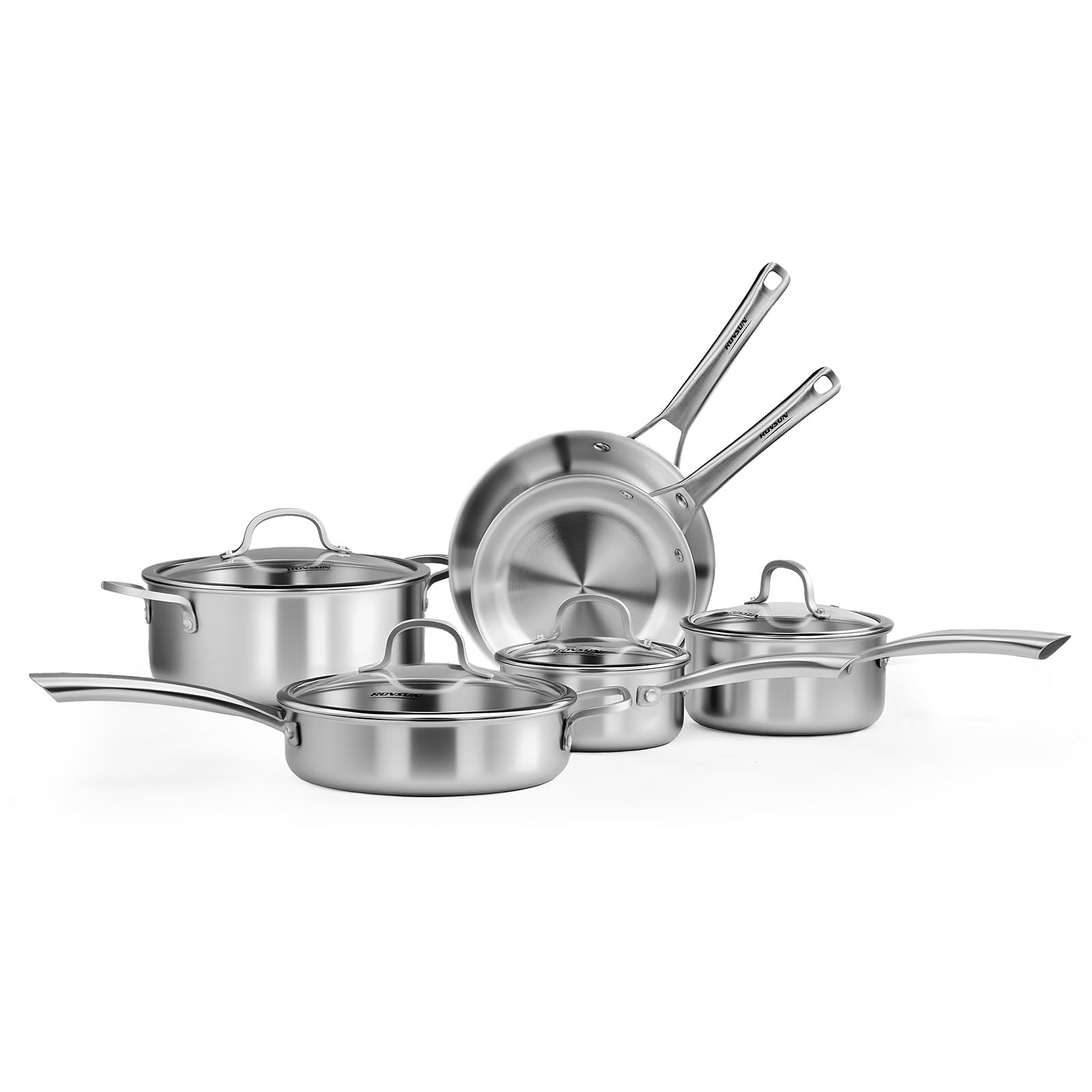 ROVSUN 10Pcs Stainless Steel Cookware Set, TriPly Pots and Pans Set, NonToxic Kitchen Set, PFOA & PTFE Free, Full Clad Frying