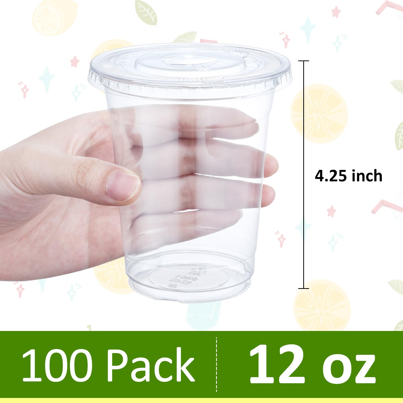 Eupako 12 Oz Plastic Cups With Lids 100 Sets Clear Disposable Plastic Party Cups With Flat Lids To Go, Cold Drink Cups, Smoothie