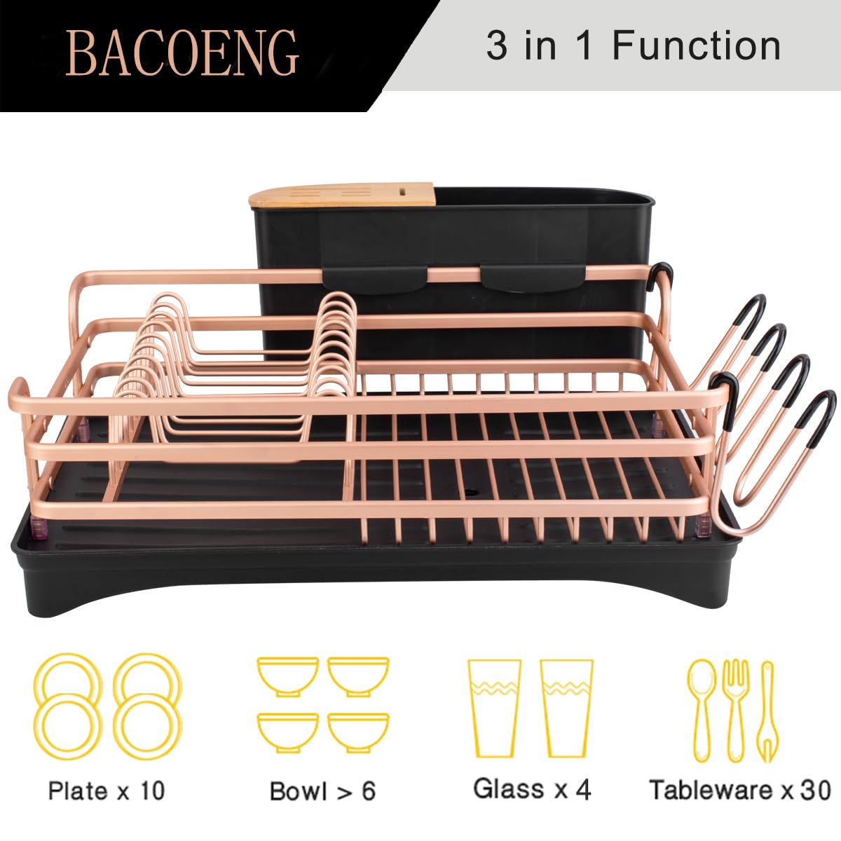 Bacoeng Aluminum Dish Drying Rack,Never Rust Dish Rack With Removable Cutlery Holder & Cup Holder, 360 Swivel Spout Drain Board,