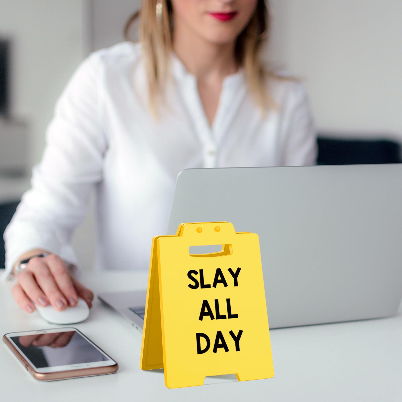 SLAY ALL DAY Funny Desk Sign - Cute Yellow Acrylic Decor for Office, Vanity, Dorm or Room - Motivational Gift for Women, Friends