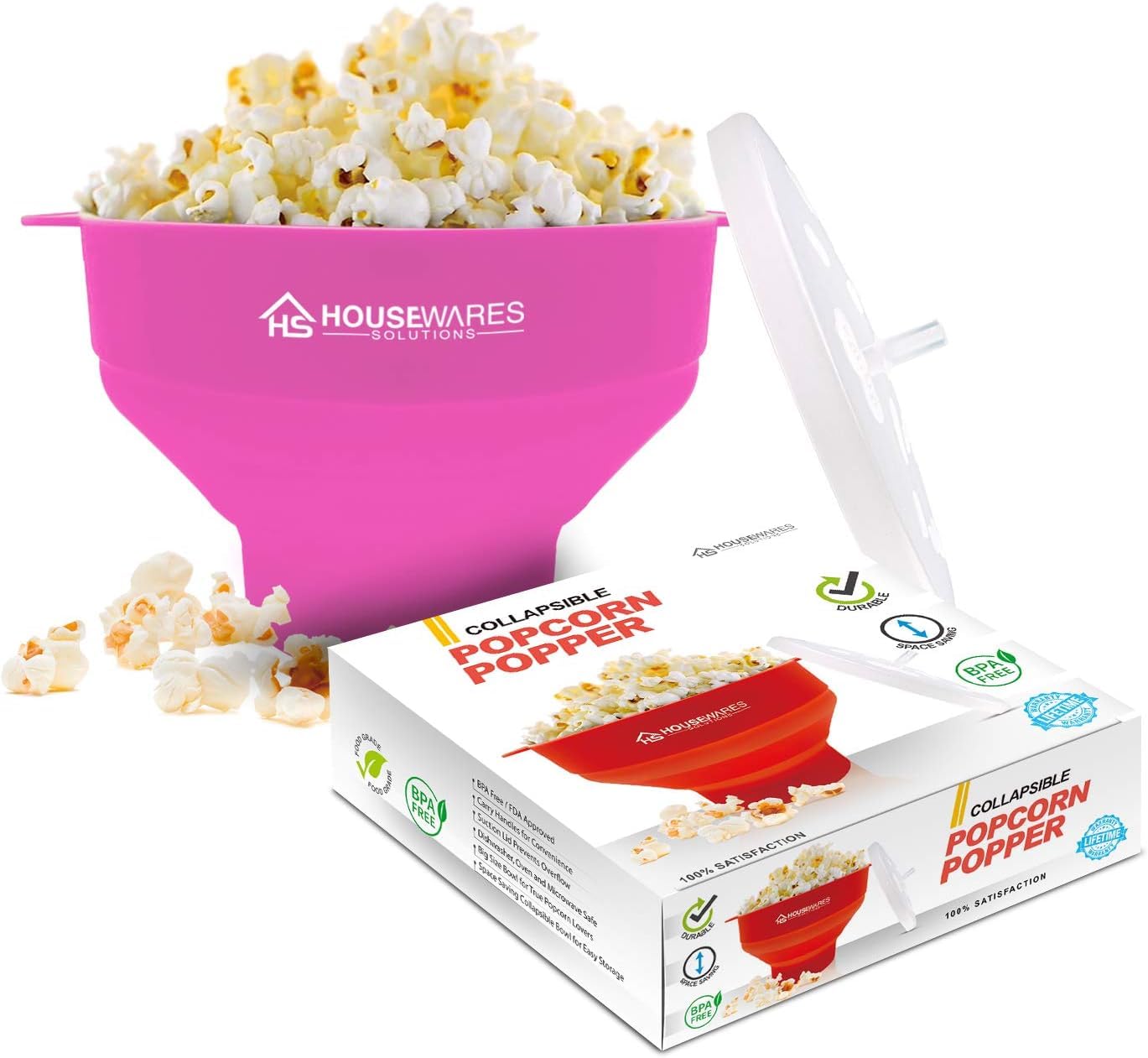 Collapsible Silicone Microwave Hot Air Popcorn Popper Bowl With Lid And Handles (Pink)