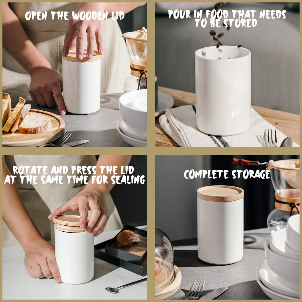 Sweejar Kitchen Canisters Ceramic Food Storage Jar, Stackable Containers With Airtight Seal Wooden Lid For Serving Coffee Bean,
