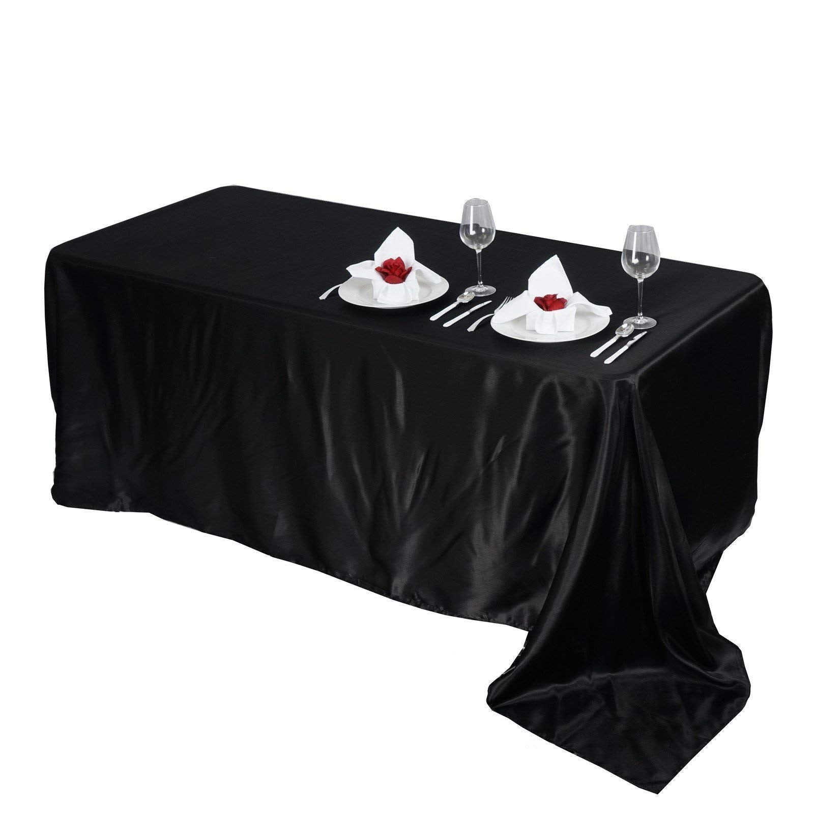 Balsacircle 90X156 Inch Black Satin Rectangle Tablecloth Table Cover Linens For Wedding Table Cloth Party Reception Events Kitch