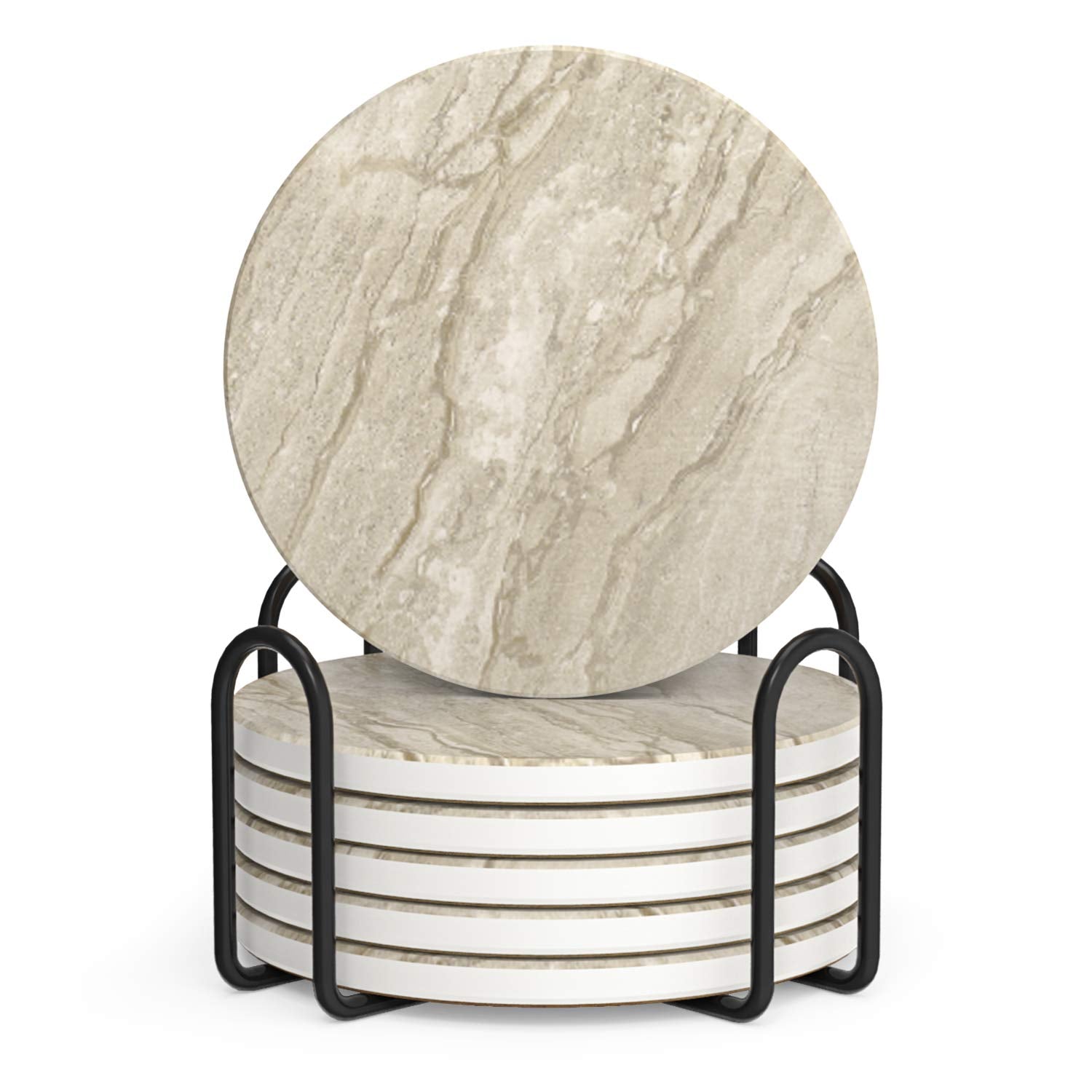 Lifver Coasters Set Of 6 Absorbent Drink Coasters With Holder, Marble Style Ceramic Thirstystone Coasters For Home Decor Coffee