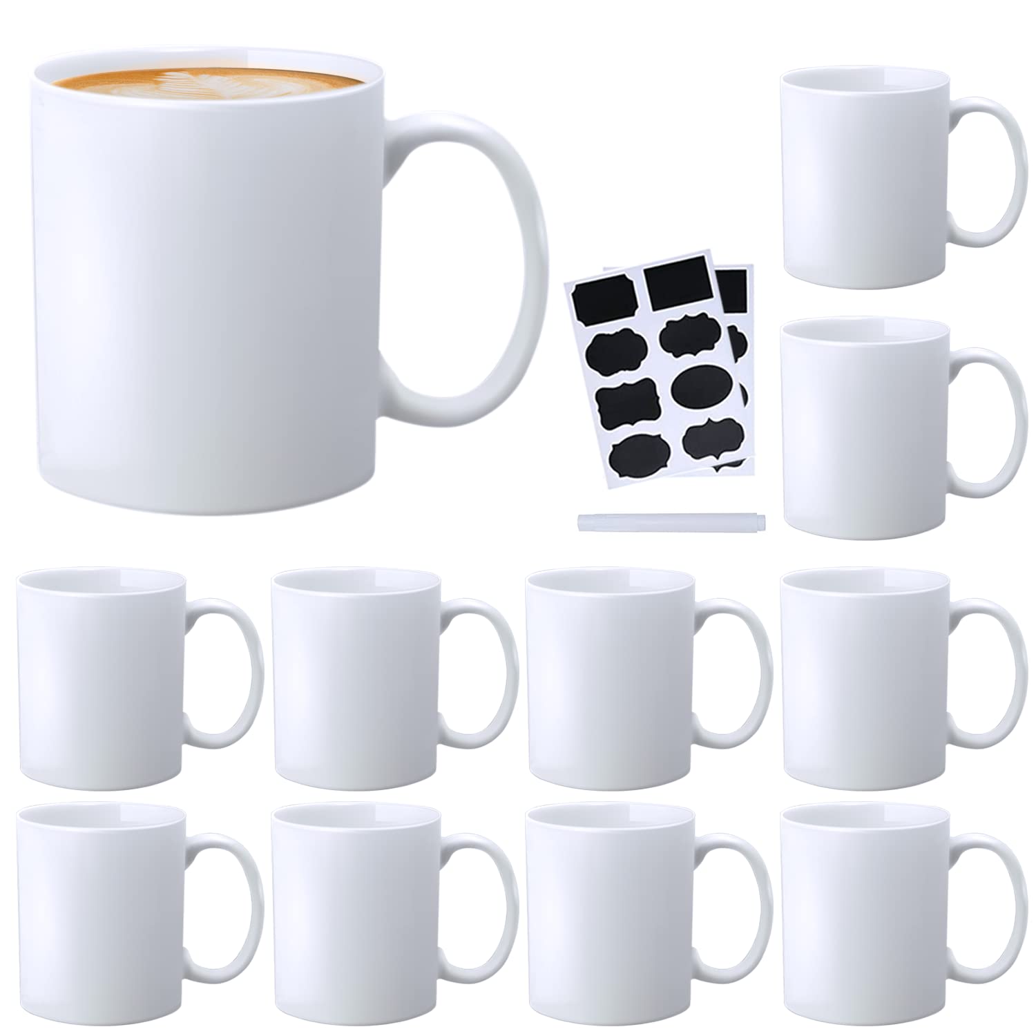 COMUDOT 11oz Ceramic Coffee Mug,White Tea Mug with Handle,Set of 12