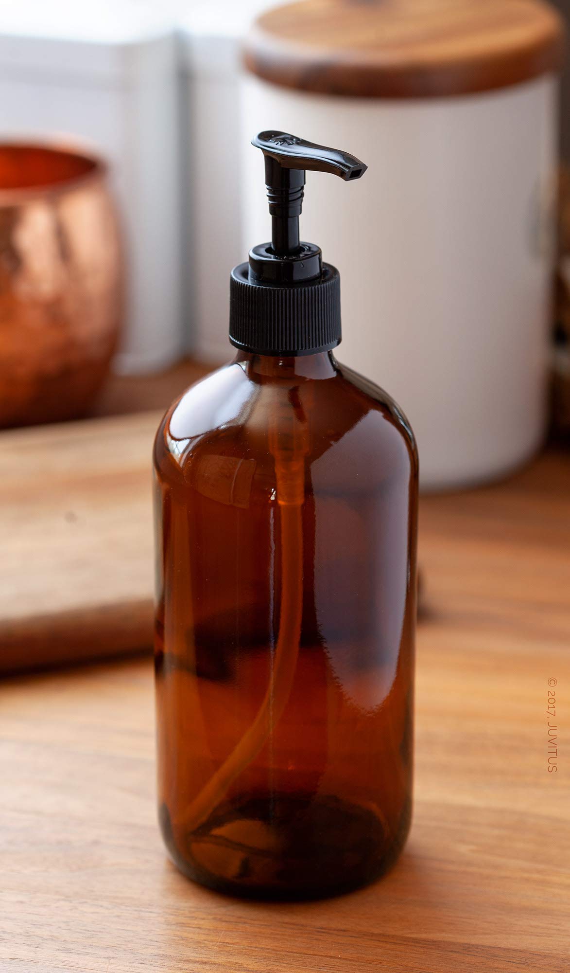 16 Oz Amber Glass Boston Round Bottle With Black Lotion Pump Dispenser (3 Pack)