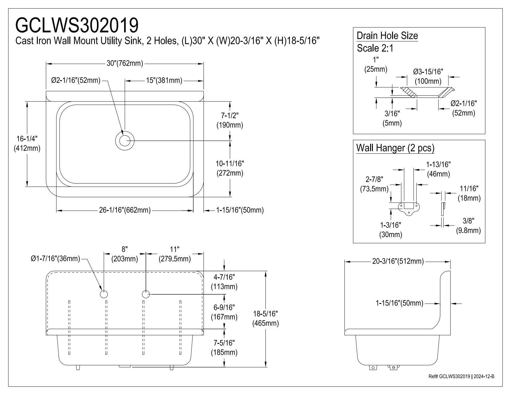 Gourmetier GCLWS302019 30X20 Single Bowl Wall Mounted Sink  White