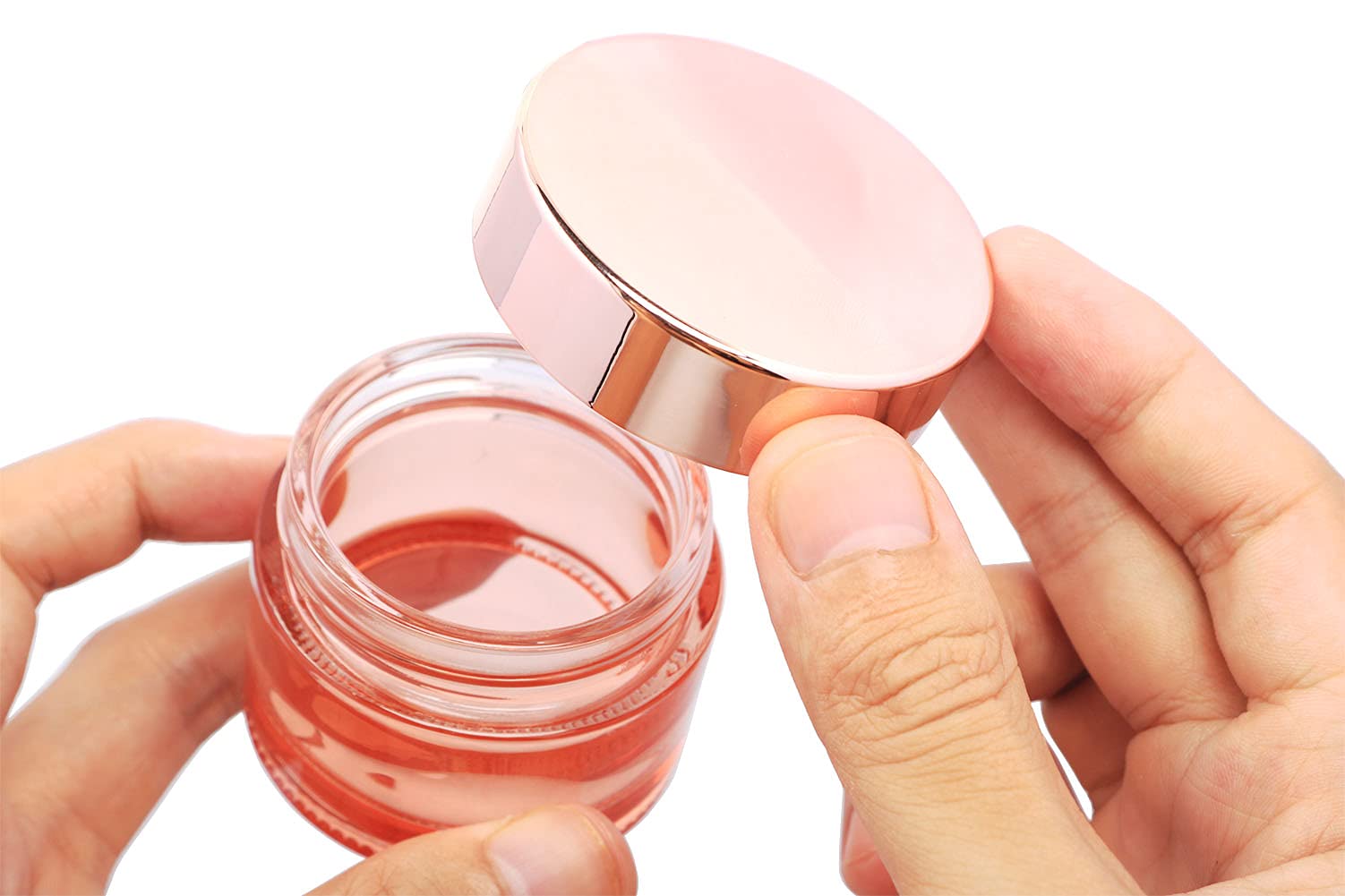 Furnido Pink Glass Cream Jar 4 Pack 1.7 oz/50g Face Lotion Jar Pot Empty Refillable Glass Cosmetic Cream Bottle Container With Rose-Golden Cover Inner Liners for Moisturizer Eyeshadow Makeup Emulsion