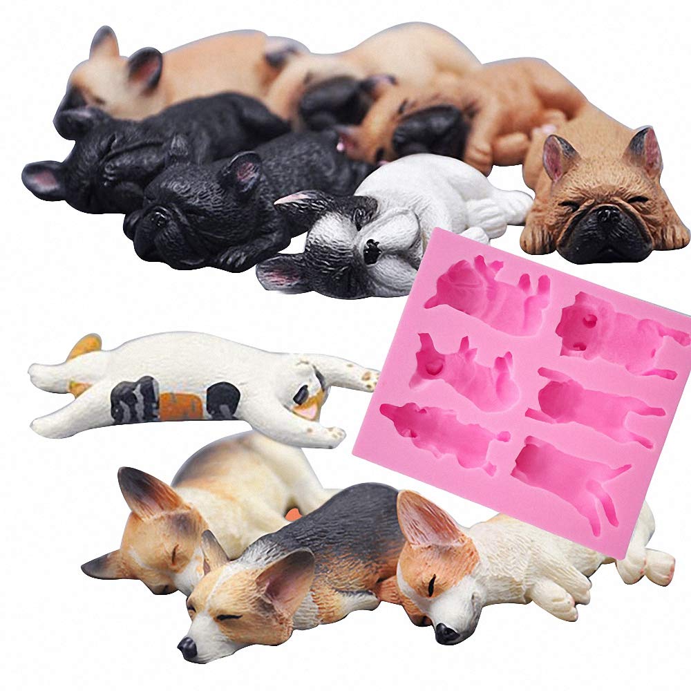 Fewo 6-Cavity Sleeping Dog Corgi And French Bulldog Silicone Mold For Fondant Chocolate Candy Gum Paste Polymer Clay Resin Kitch