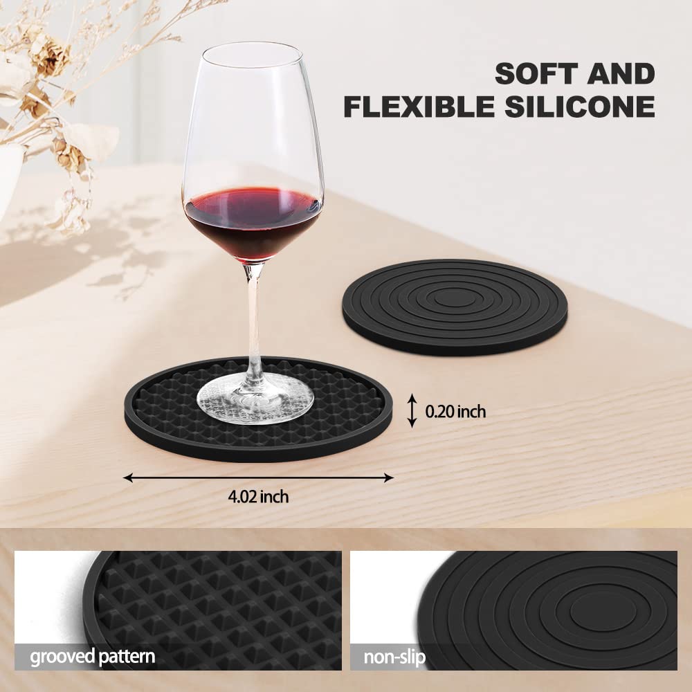 Coasters for Drinks Set of 8  EAGMAK Silicone Drink Coasters with Grooved Pattern  Non-Slip Base  Washable and Heat Resistant Coffee Coasters for Wooden Table  Desk  Kitchen  Office  Bar-Black