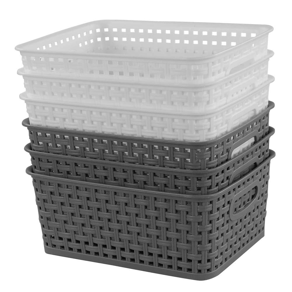 Idomy 6-Pack Plastic Storage Baskets/Bins, Rectangle White, Grey